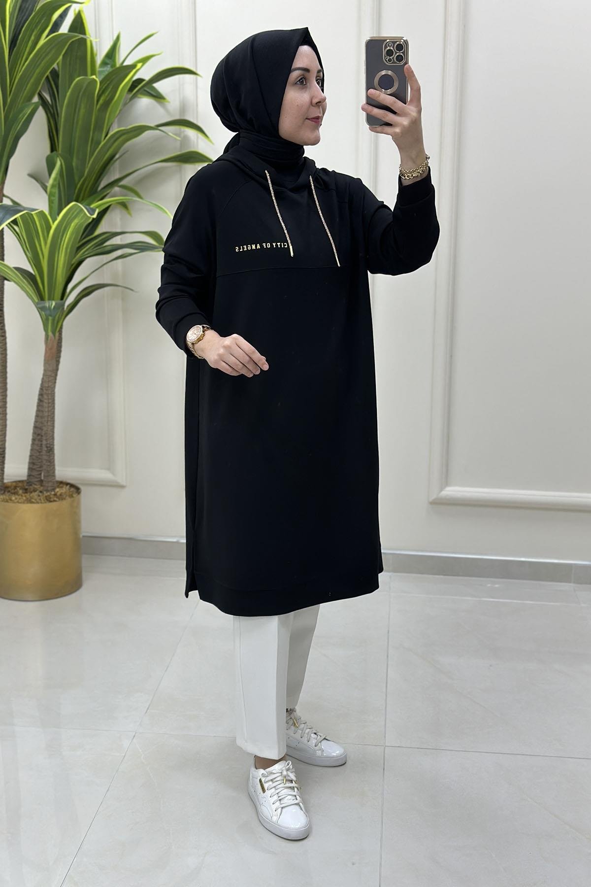 Tesettür TunikOversize Reglan Kol Kapüşonlu Kadın Tunik Siyah KADO 251347