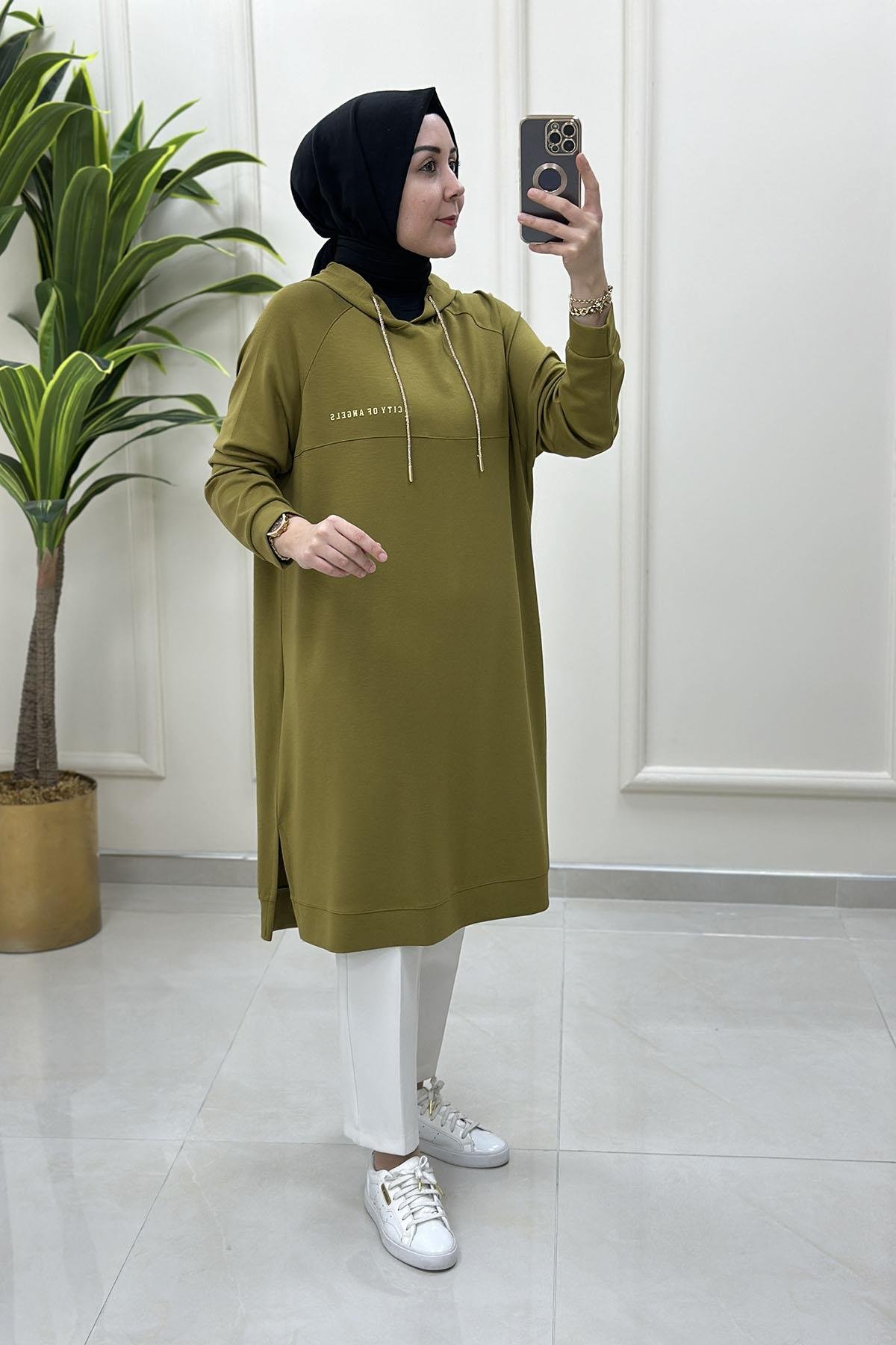 Tesettür TunikOversize Reglan Kol Kapüşonlu Kadın Tunik Yağ Yeşili KADO 251347