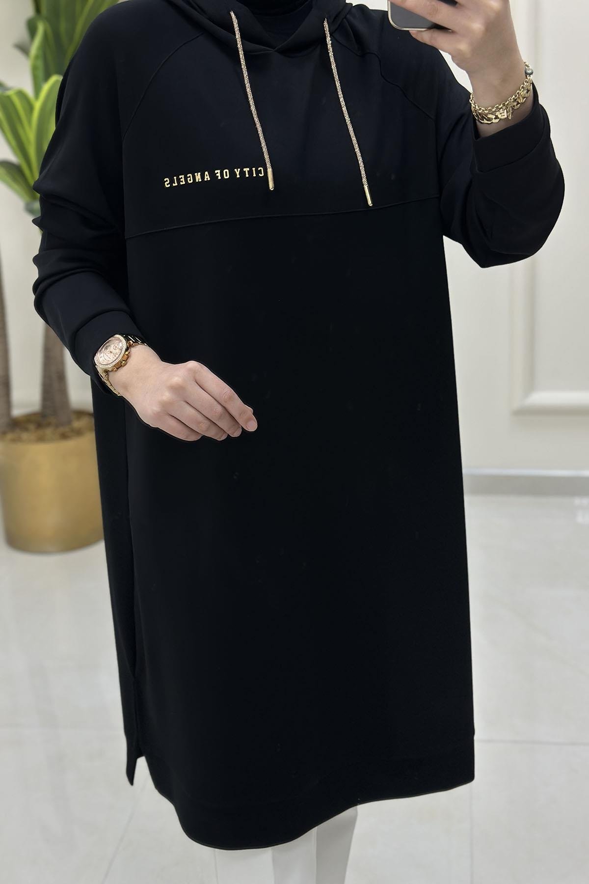 Tesettür TunikOversize Reglan Kol Kapüşonlu Kadın Tunik Siyah KADO 251347