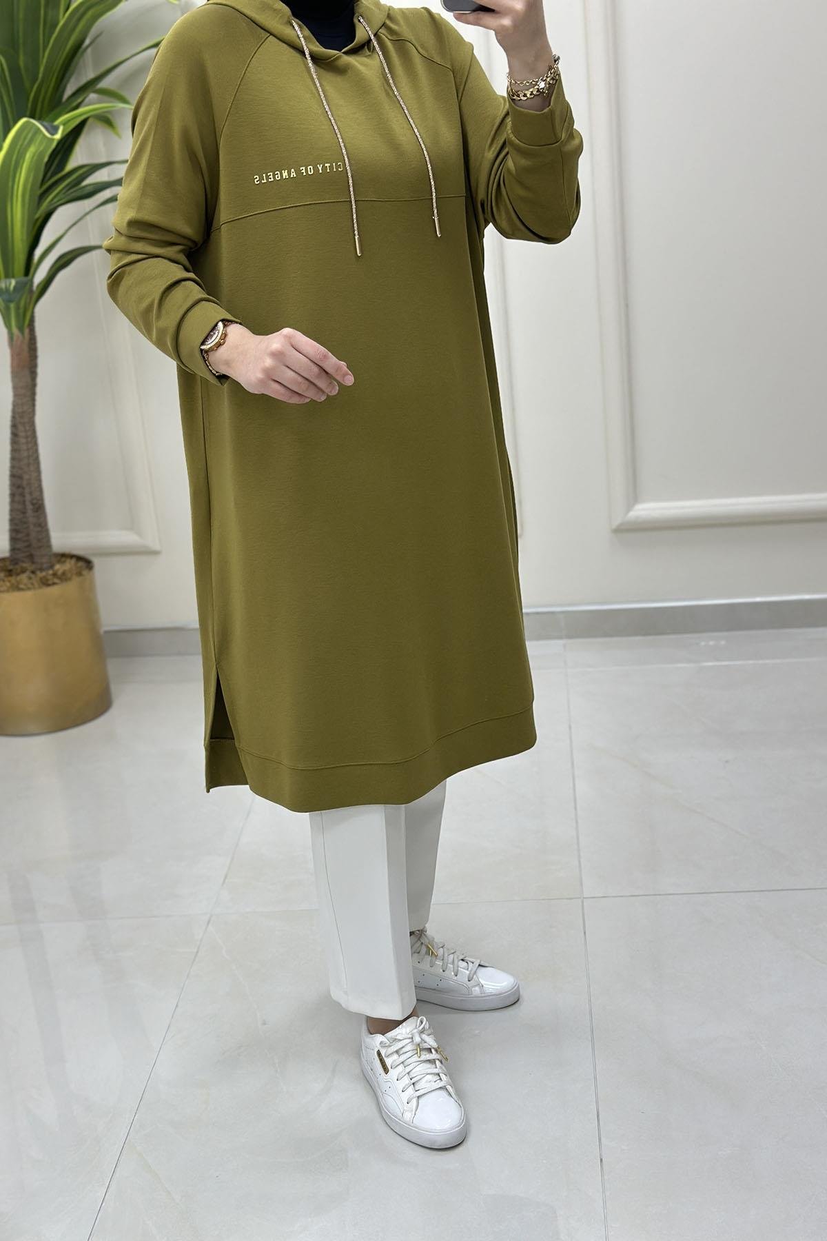 Tesettür TunikOversize Reglan Kol Kapüşonlu Kadın Tunik Yağ Yeşili KADO 251347