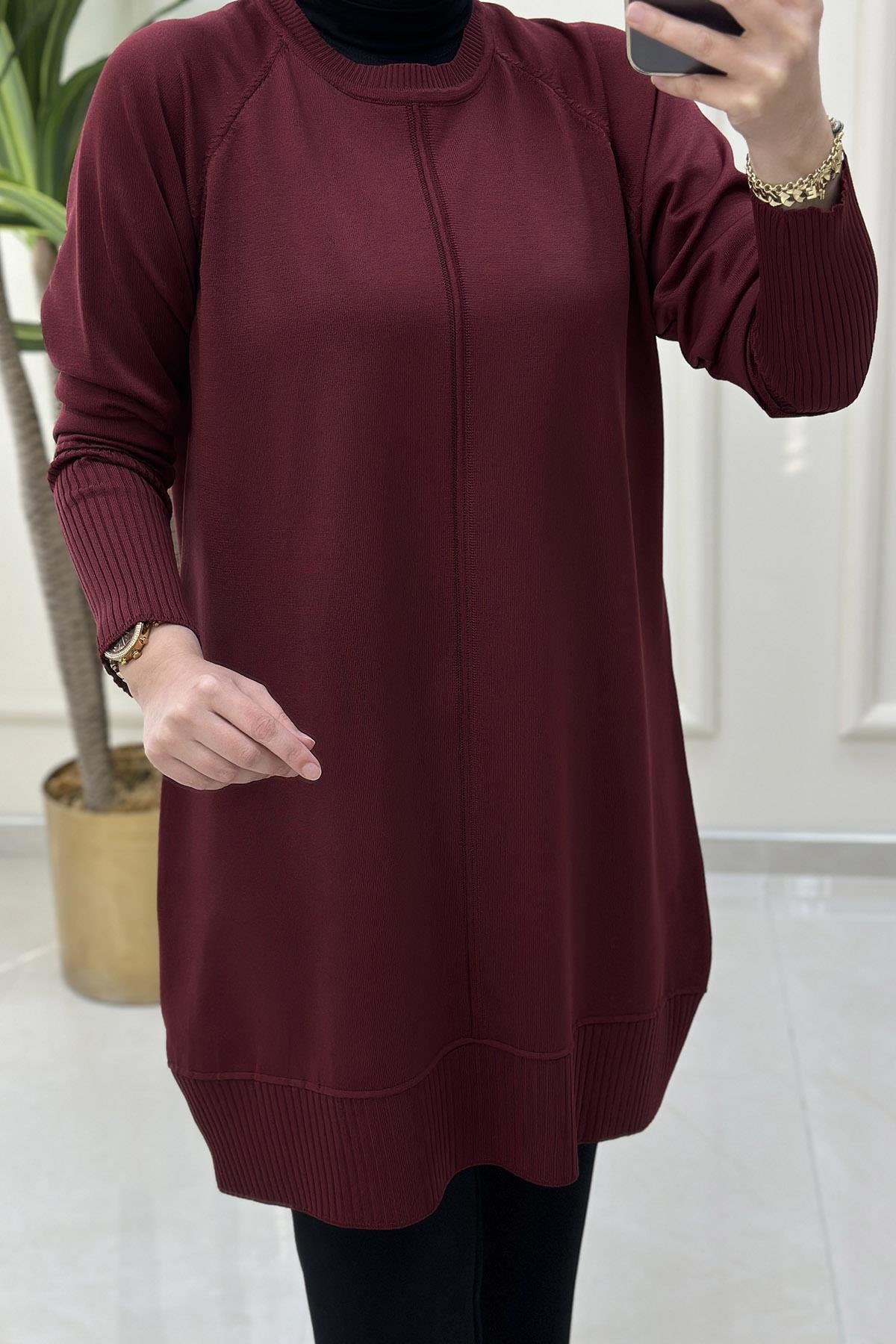 Tesettür TunikReglan Kol Etek Ucu ve Kolu Fitilli Merserize Kadın Tunik Bordo KADO 014