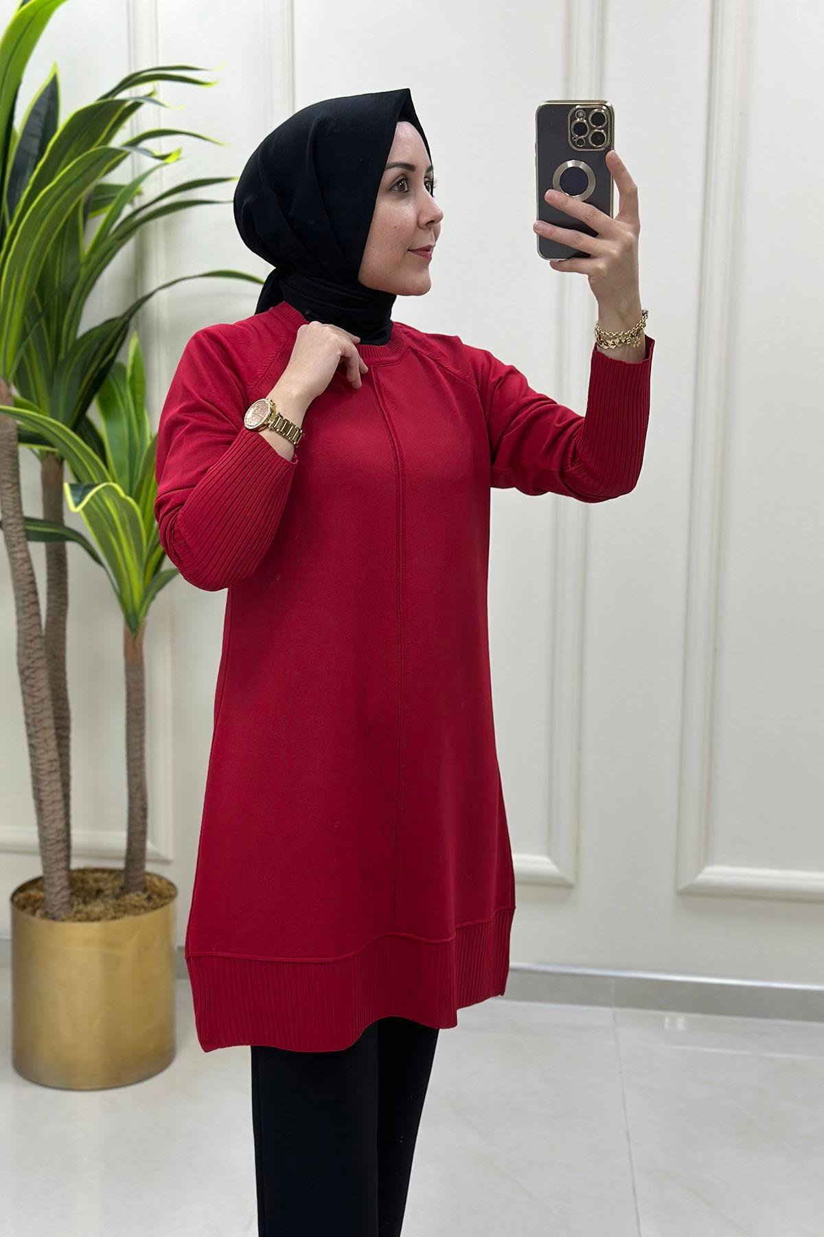 Tesettür TunikReglan Kol Etek Ucu ve Kolu Fitilli Merserize Kadın Tunik Kırmızı KADO 014
