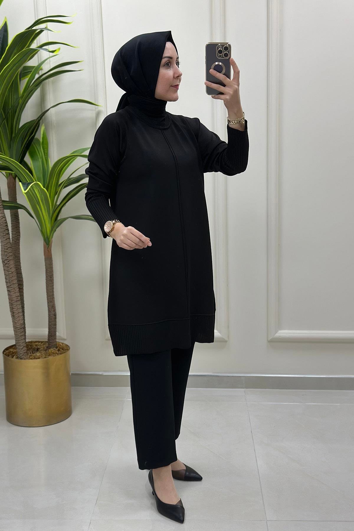 Tesettür TunikReglan Kol Etek Ucu ve Kolu Fitilli Merserize Kadın Tunik Turuncu KADO 014