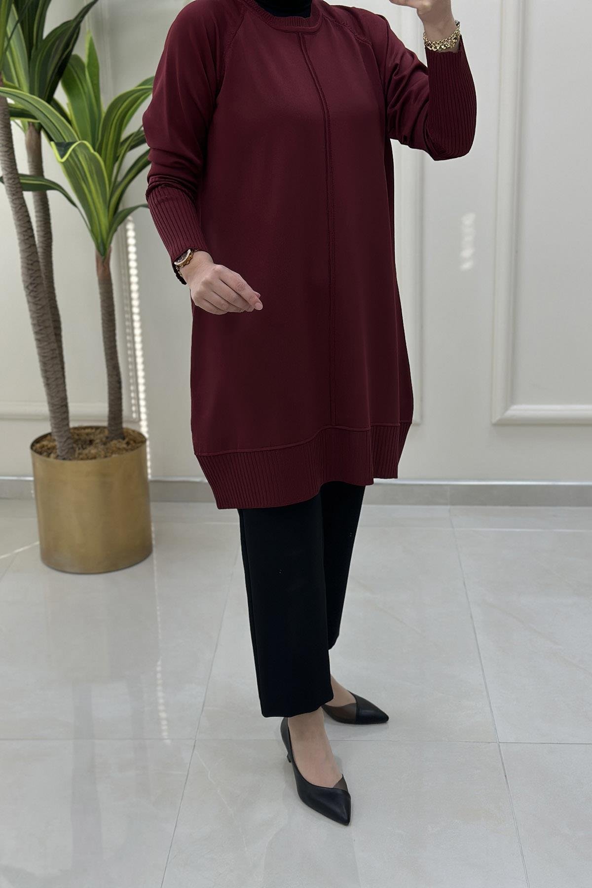 Tesettür TunikReglan Kol Etek Ucu ve Kolu Fitilli Merserize Kadın Tunik Bordo KADO 014