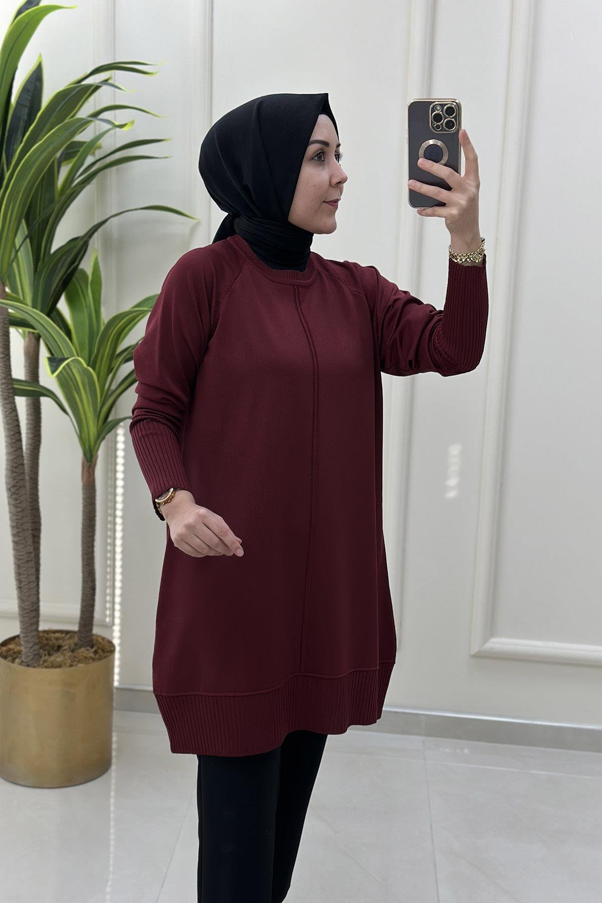 Tesettür TunikReglan Kol Etek Ucu ve Kolu Fitilli Merserize Kadın Tunik Bordo KADO 014