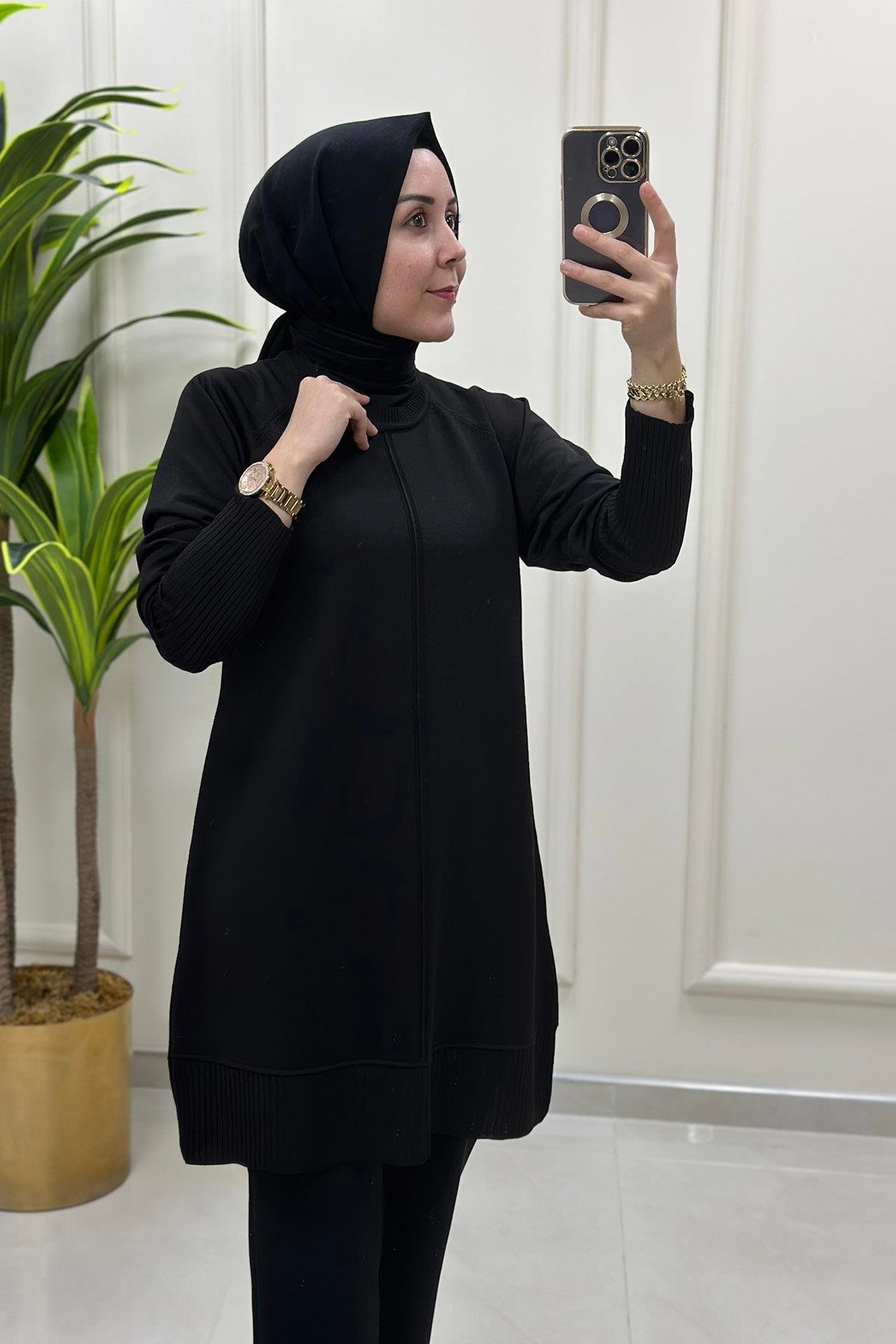 Tesettür TunikReglan Kol Etek Ucu ve Kolu Fitilli Merserize Kadın Tunik Turuncu KADO 014