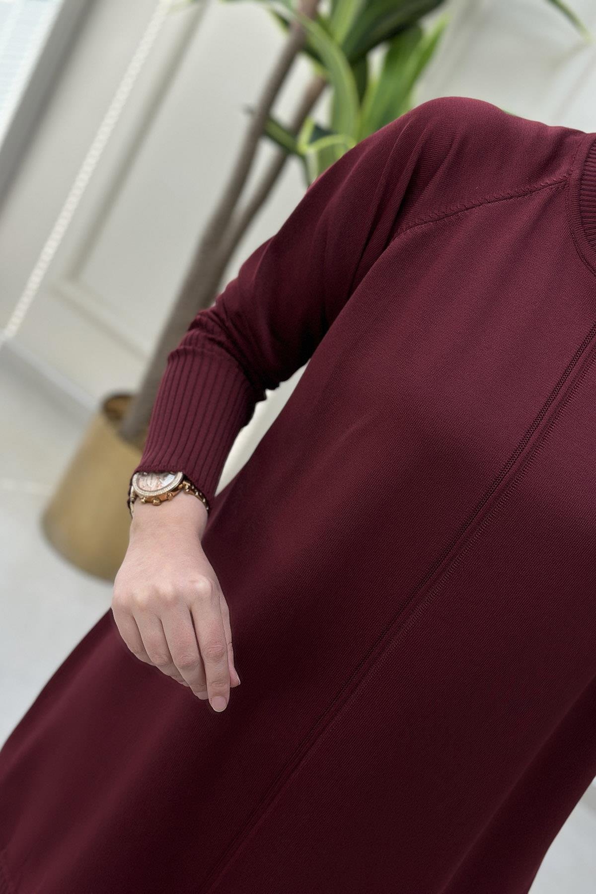 Tesettür TunikReglan Kol Etek Ucu ve Kolu Fitilli Merserize Kadın Tunik Bordo KADO 014