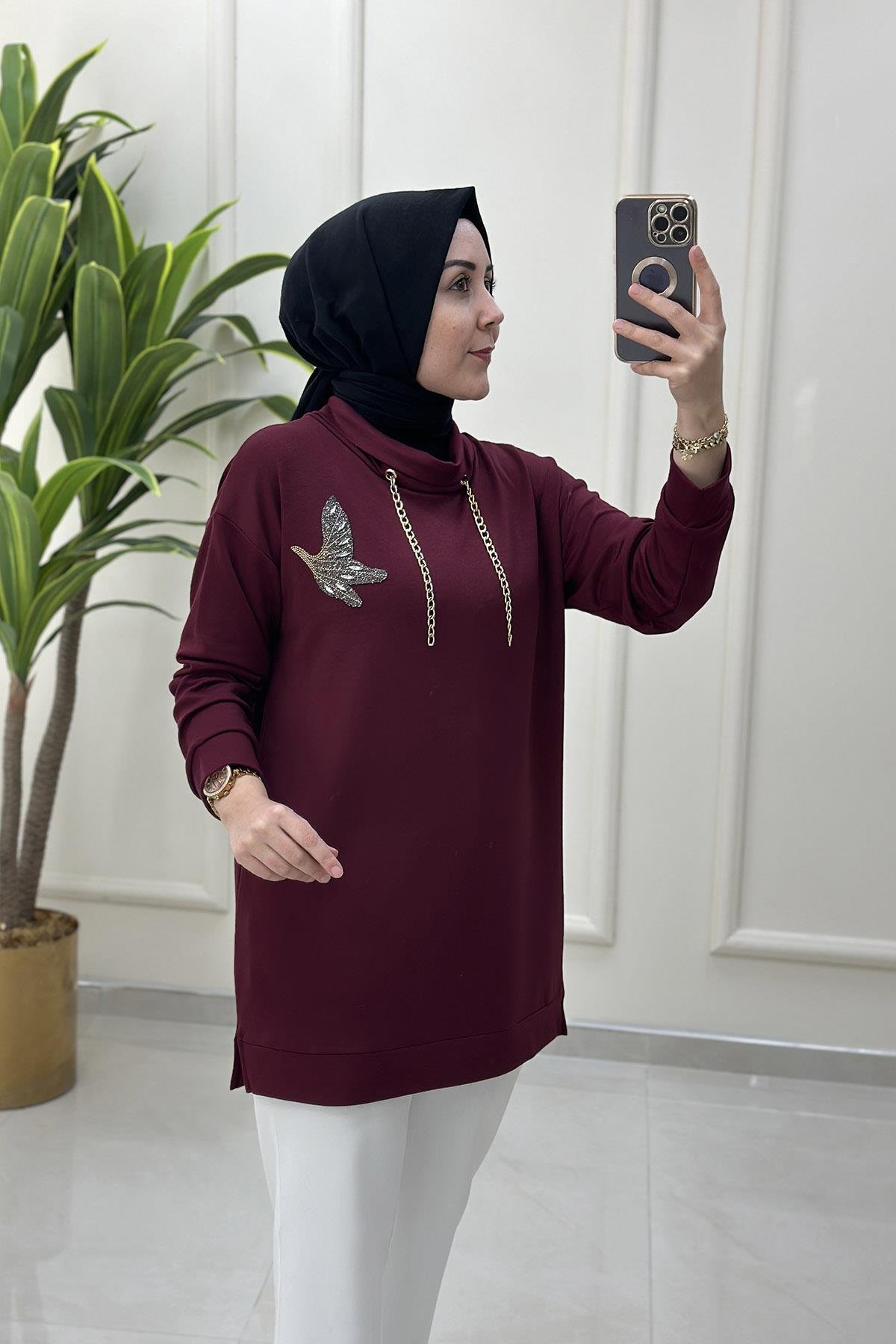 Tesettür TunikYaka Zincir Detaylı Kuş Baskılı Oysho Kadın Tunik Bordo GNR 200