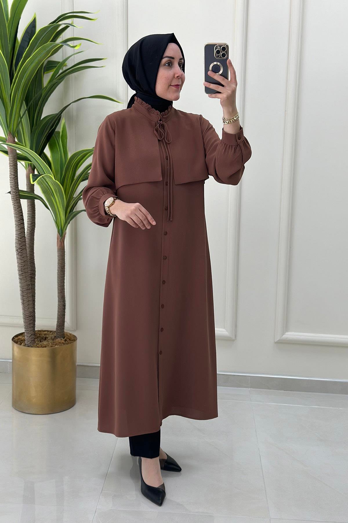 Tesettür TunikYakası Fırfırlı İpli Uzun Kadın Tunik Taba ALS 4960