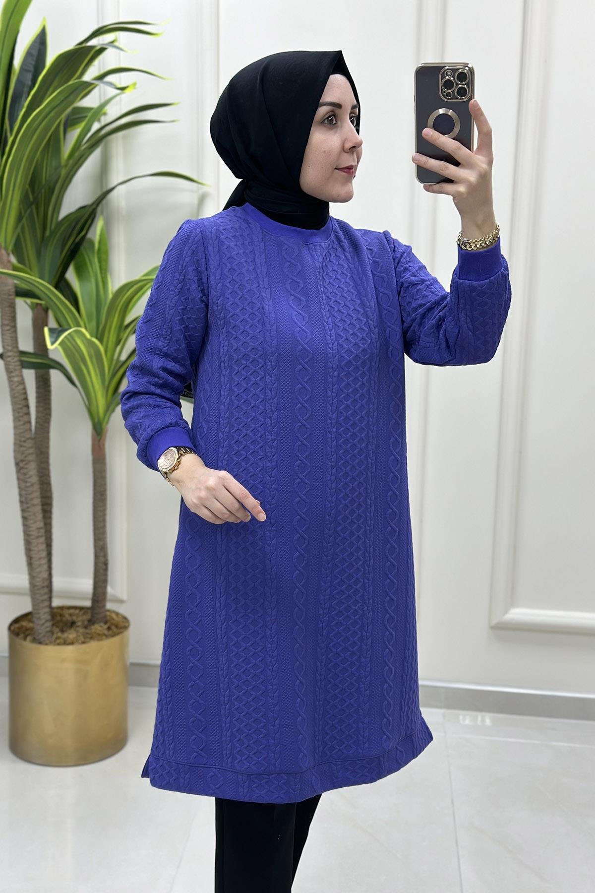 Tesettür TunikYakası ve Kolu Ribanalı Örgü Desen Kadın Tunik Mor KADO 9664
