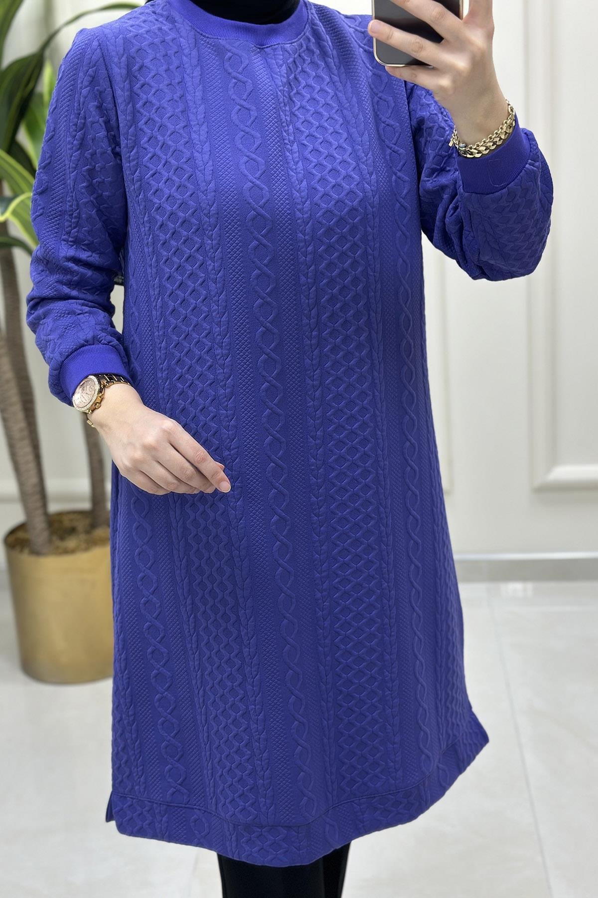Tesettür TunikYakası ve Kolu Ribanalı Örgü Desen Kadın Tunik Mor KADO 9664