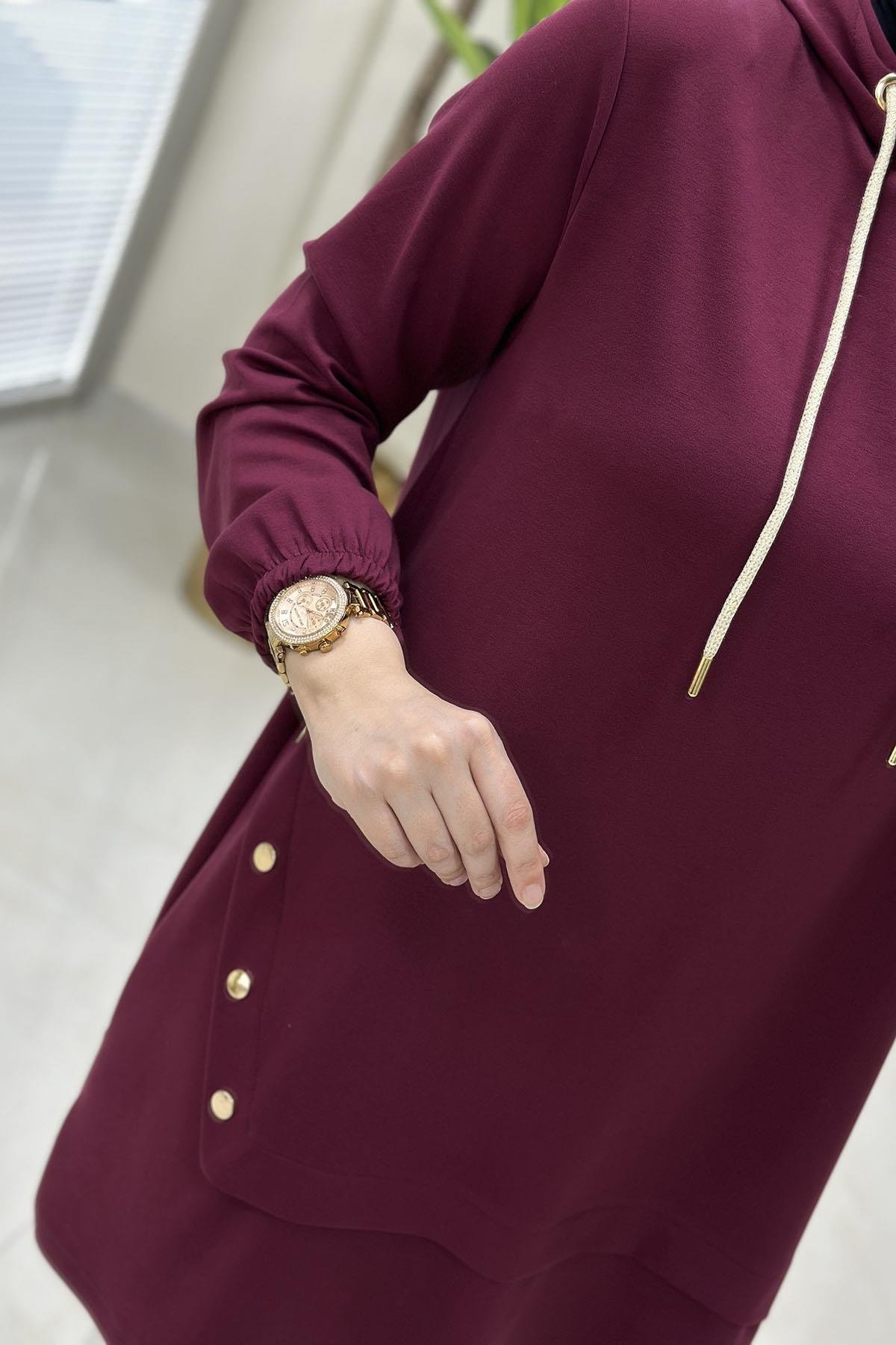 Tesettür TunikYanı Zımba Detaylı Kapüşonu İpli Kadın Tunik Açık Bordo KADO 251926