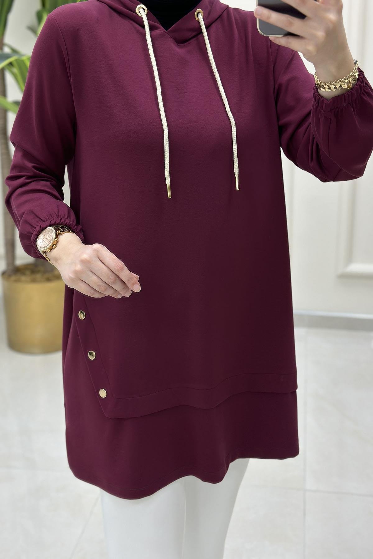 Tesettür TunikYanı Zımba Detaylı Kapüşonu İpli Kadın Tunik Açık Bordo KADO 251926
