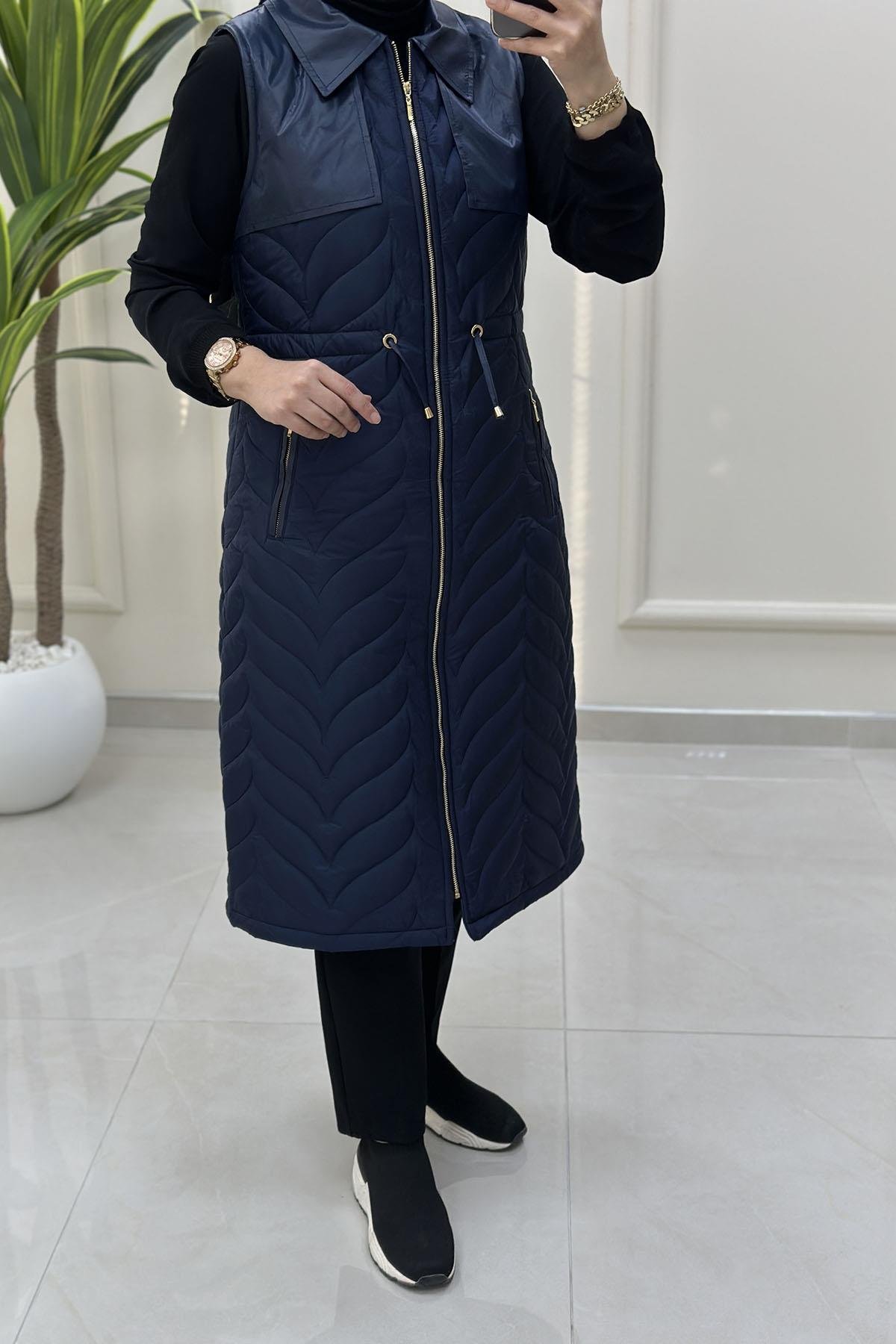 Tesettür YelekKapitone Dolum Önü Fermuarlı Beli Büzgülü Kadın Yelek Lacivert QTN 4965