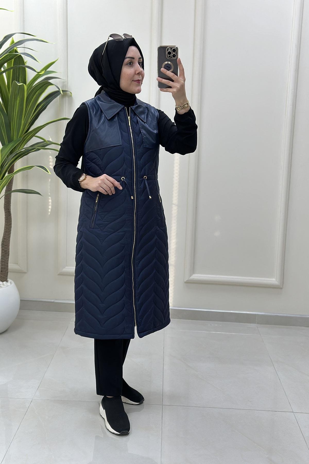 Tesettür YelekKapitone Dolum Önü Fermuarlı Beli Büzgülü Kadın Yelek Lacivert QTN 4965