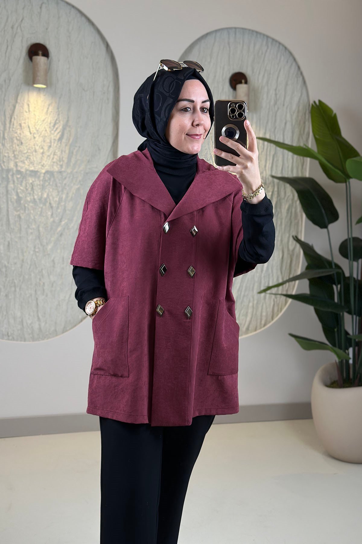 Tesettür YelekModal Qupra Önü Çıtçıtlı Cepli Kadın Yelek Bordo QTN 6122