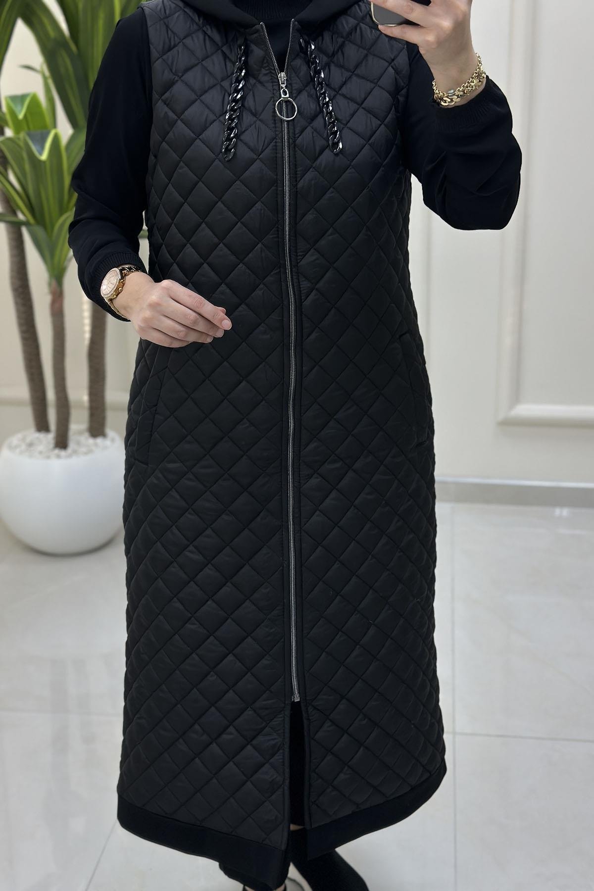 Tesettür YelekÖnü Fermuarlı Baklava Desen Kadın Kapitone Yelek Siyah MP 2659