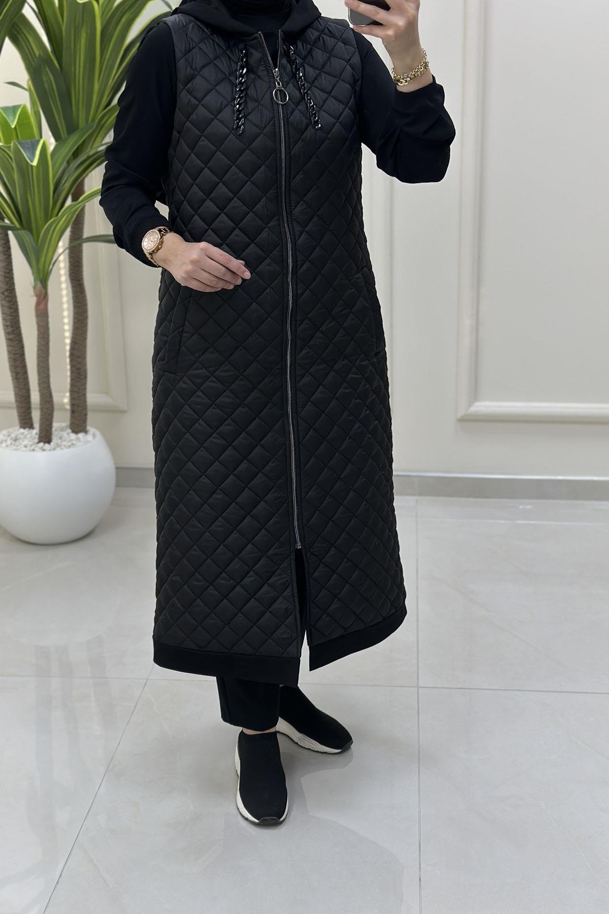 Tesettür YelekÖnü Fermuarlı Baklava Desen Kadın Kapitone Yelek Siyah MP 2659