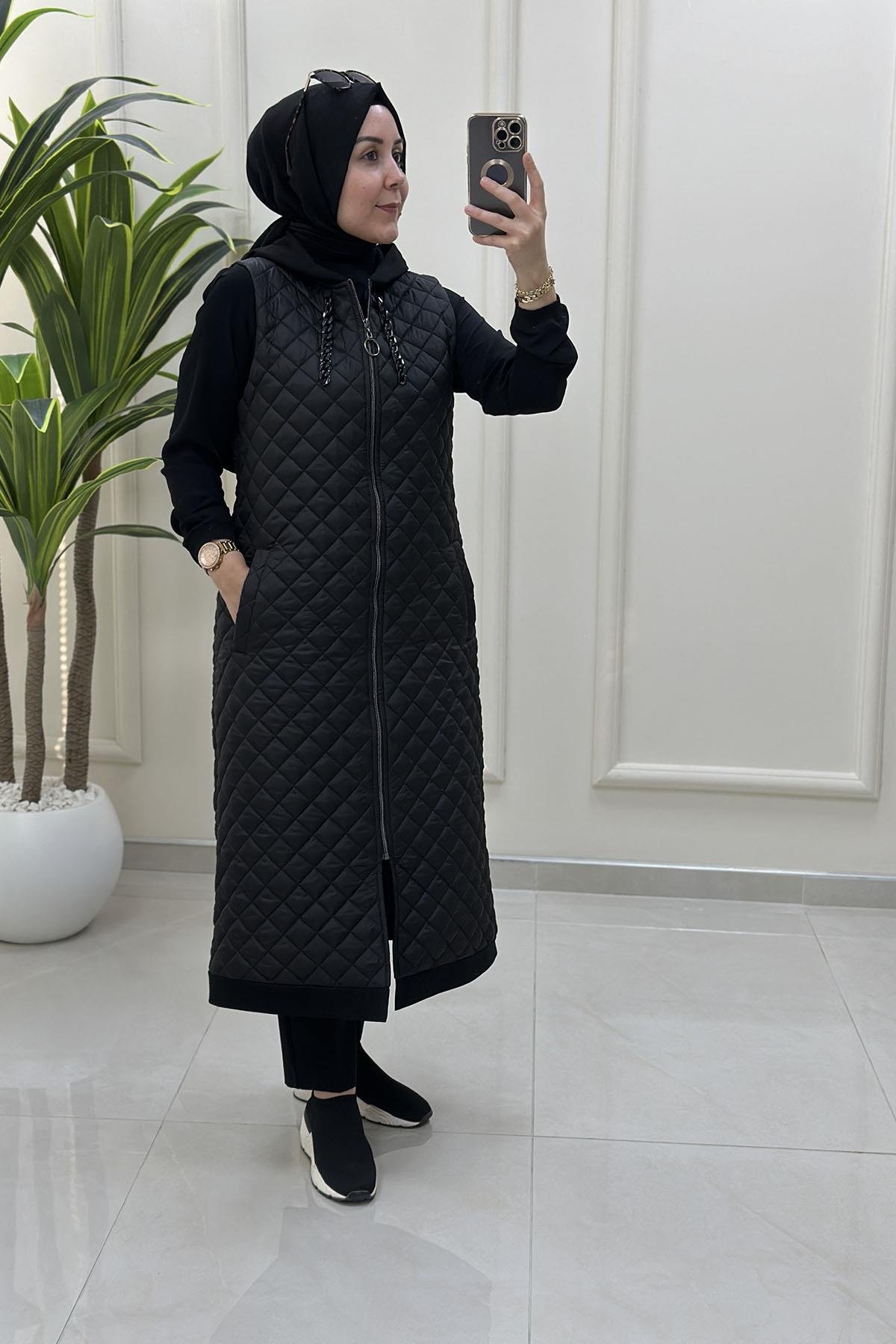 Tesettür YelekÖnü Fermuarlı Baklava Desen Kadın Kapitone Yelek Siyah MP 2659