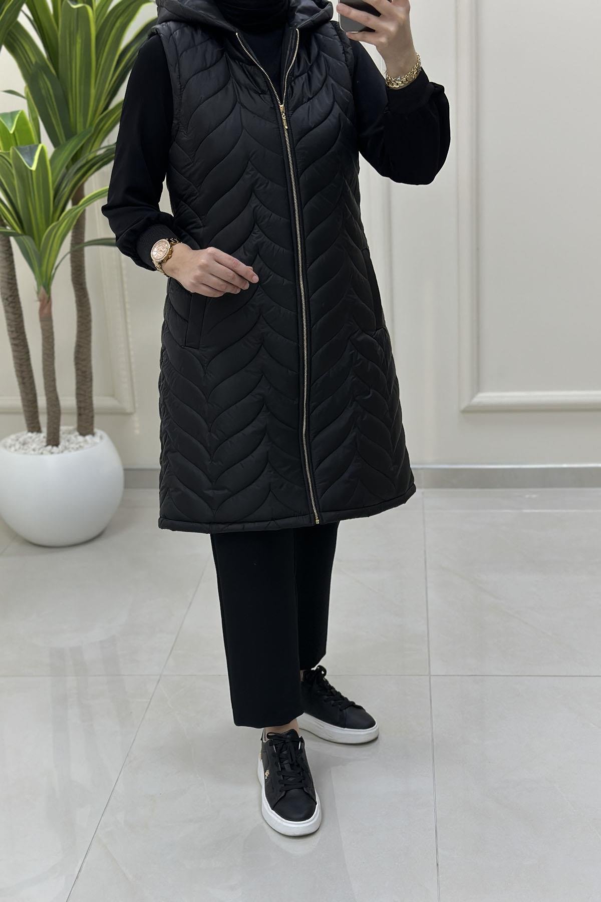 Tesettür YelekÖnü Fermuarlı Cepli Kadın Kapitone Dolum Yelek Siyah QTN 4963