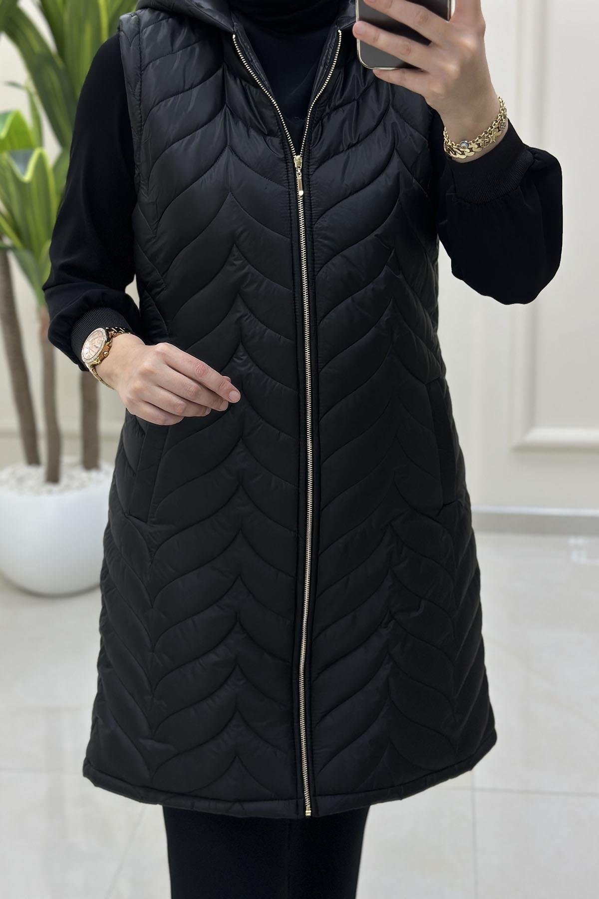 Tesettür YelekÖnü Fermuarlı Cepli Kadın Kapitone Dolum Yelek Siyah QTN 4963