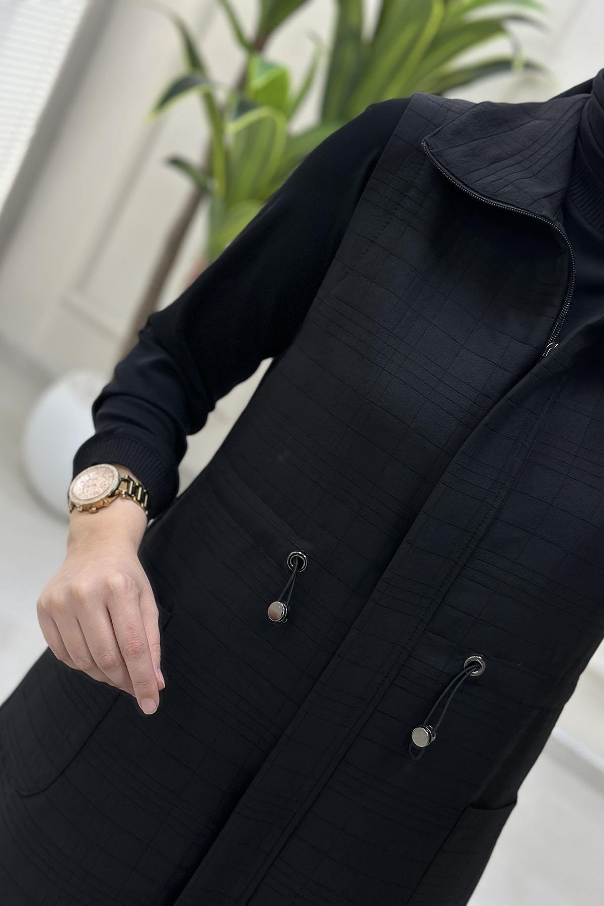 Tesettür YelekÖnü Gizli Fermuarlı Cepli Kadın Kapitone Yelek Siyah QTN 4967