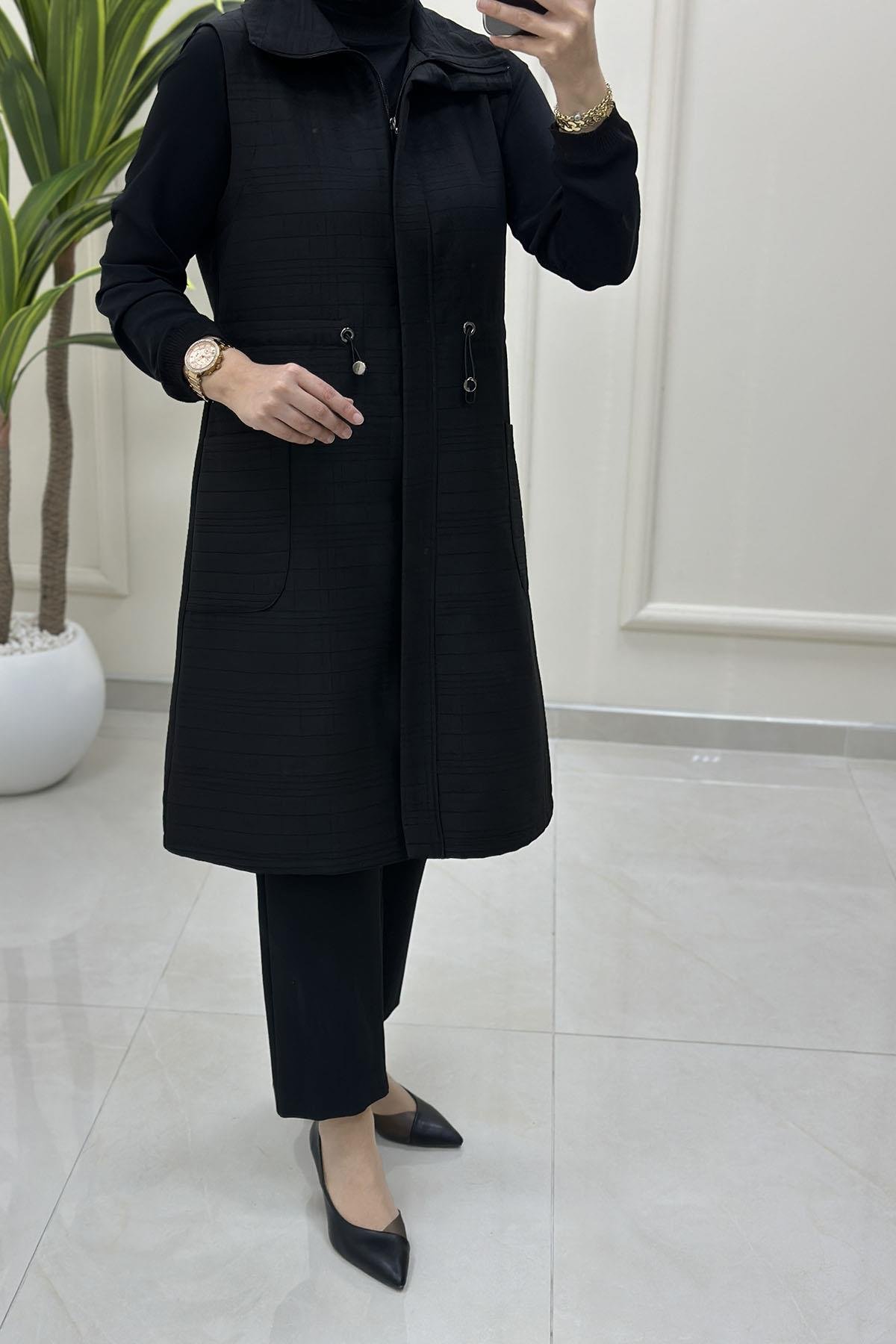 Tesettür YelekÖnü Gizli Fermuarlı Cepli Kadın Kapitone Yelek Siyah QTN 4967