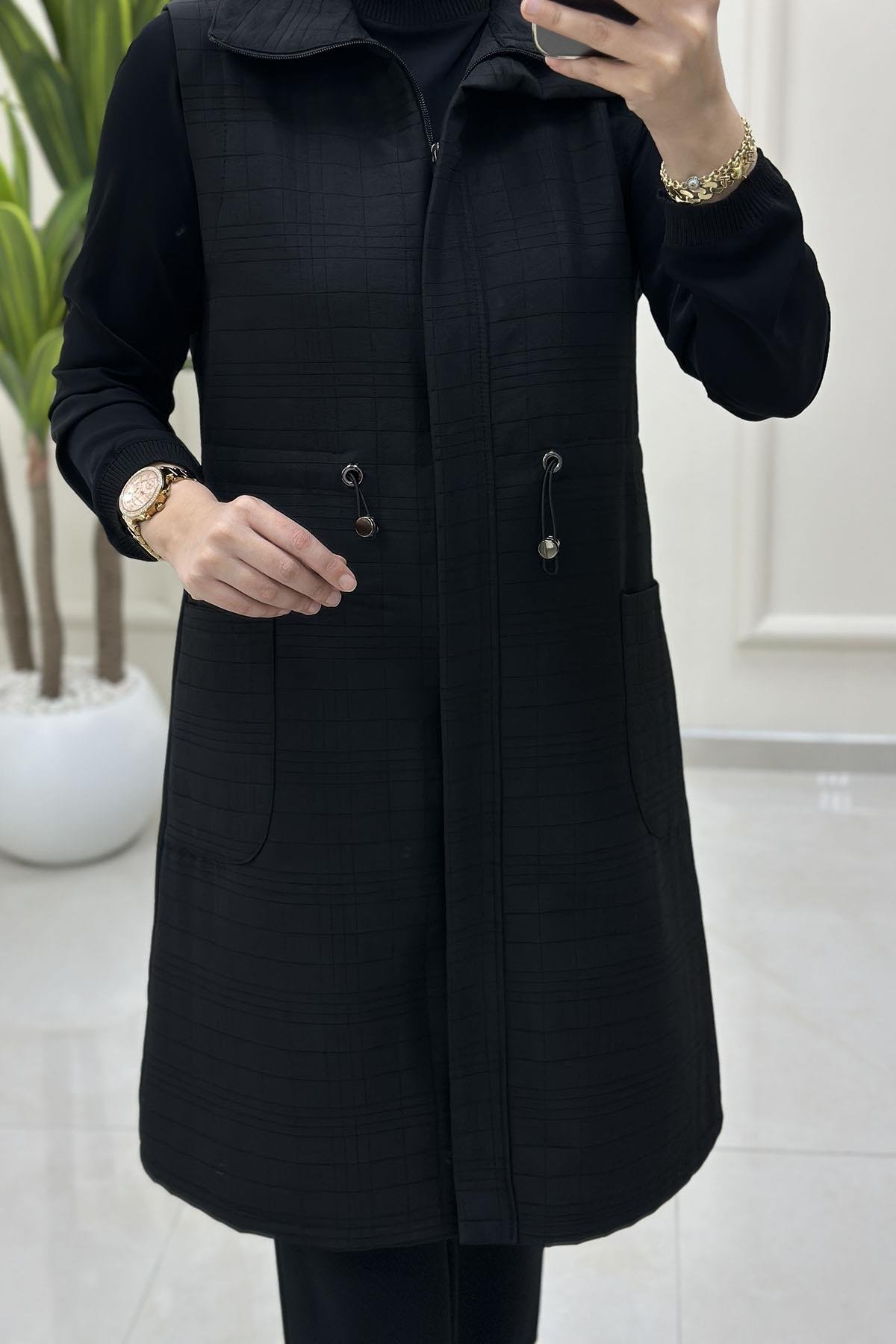 Tesettür YelekÖnü Gizli Fermuarlı Cepli Kadın Kapitone Yelek Siyah QTN 4967