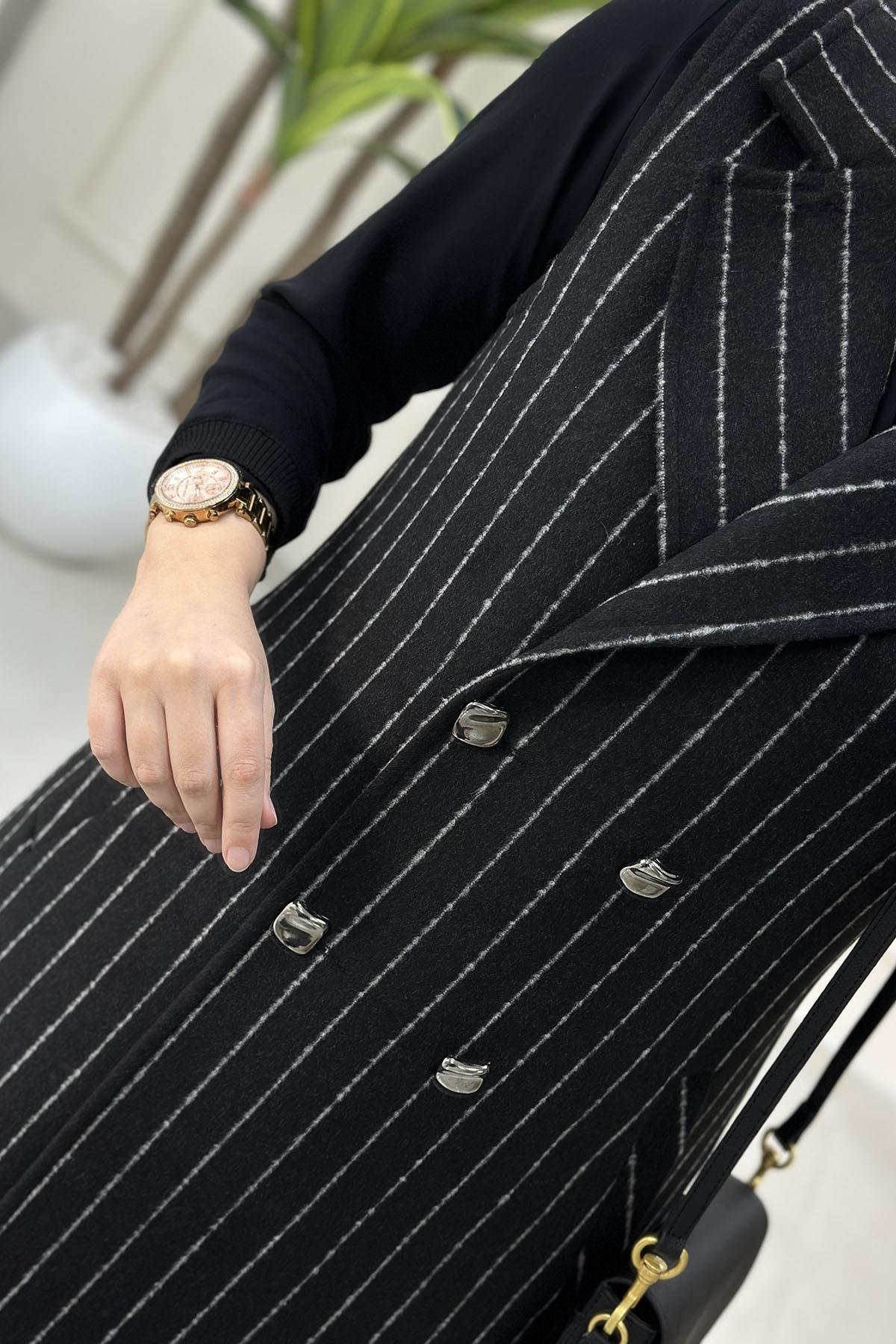 Tesettür YelekPremium Kaşe Çizgili Önü Düğmeli Kadın Yelek Siyah OTTO 7406