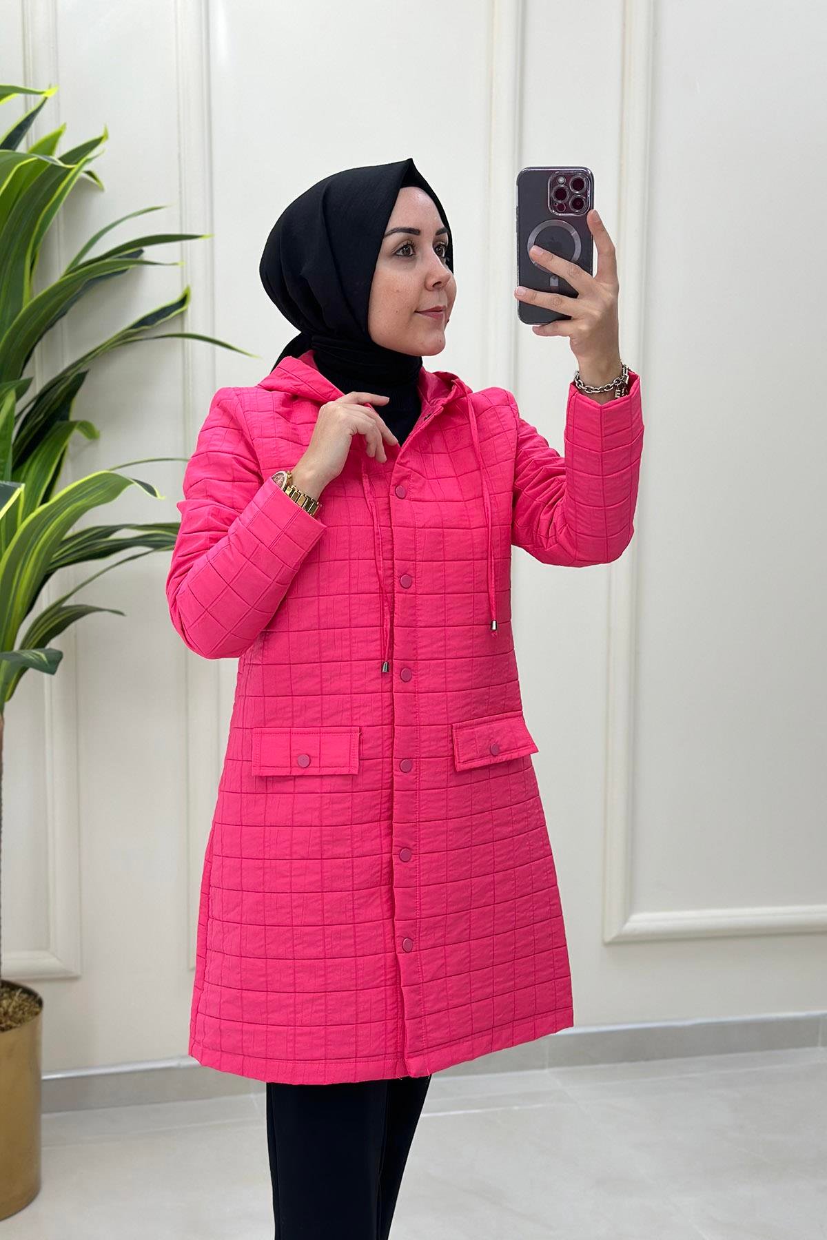 TrenchKapüşonlu Önü Çıtçıtlı Kapak Cep Detaylı Kadın Trench Pembe MLH 3121