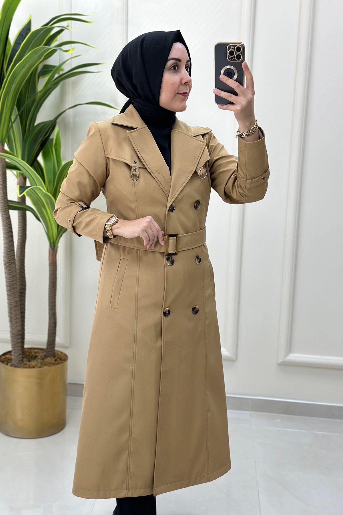 TrenchKruvaze Yaka Beli Kemerli Kadın Trench Kap Camel CNR 1708