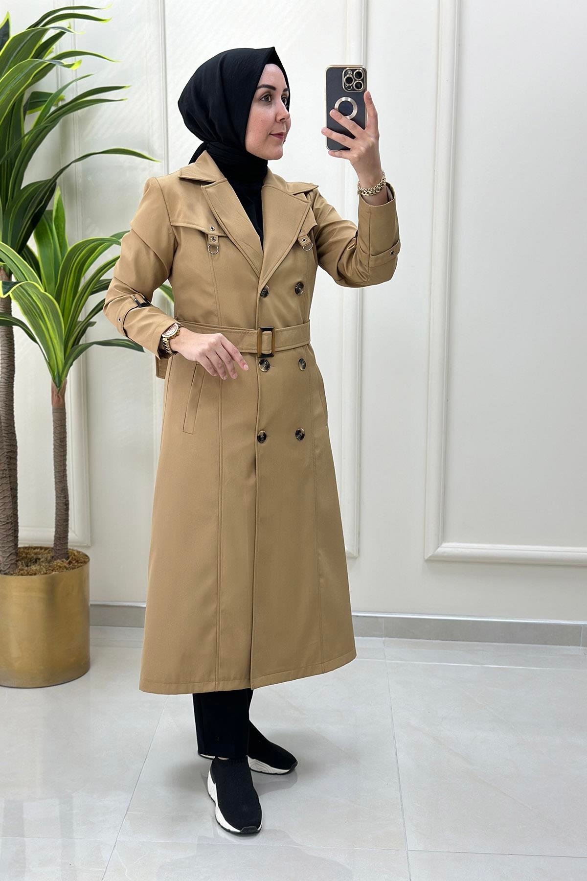 TrenchKruvaze Yaka Beli Kemerli Kadın Trench Kap Camel CNR 1708