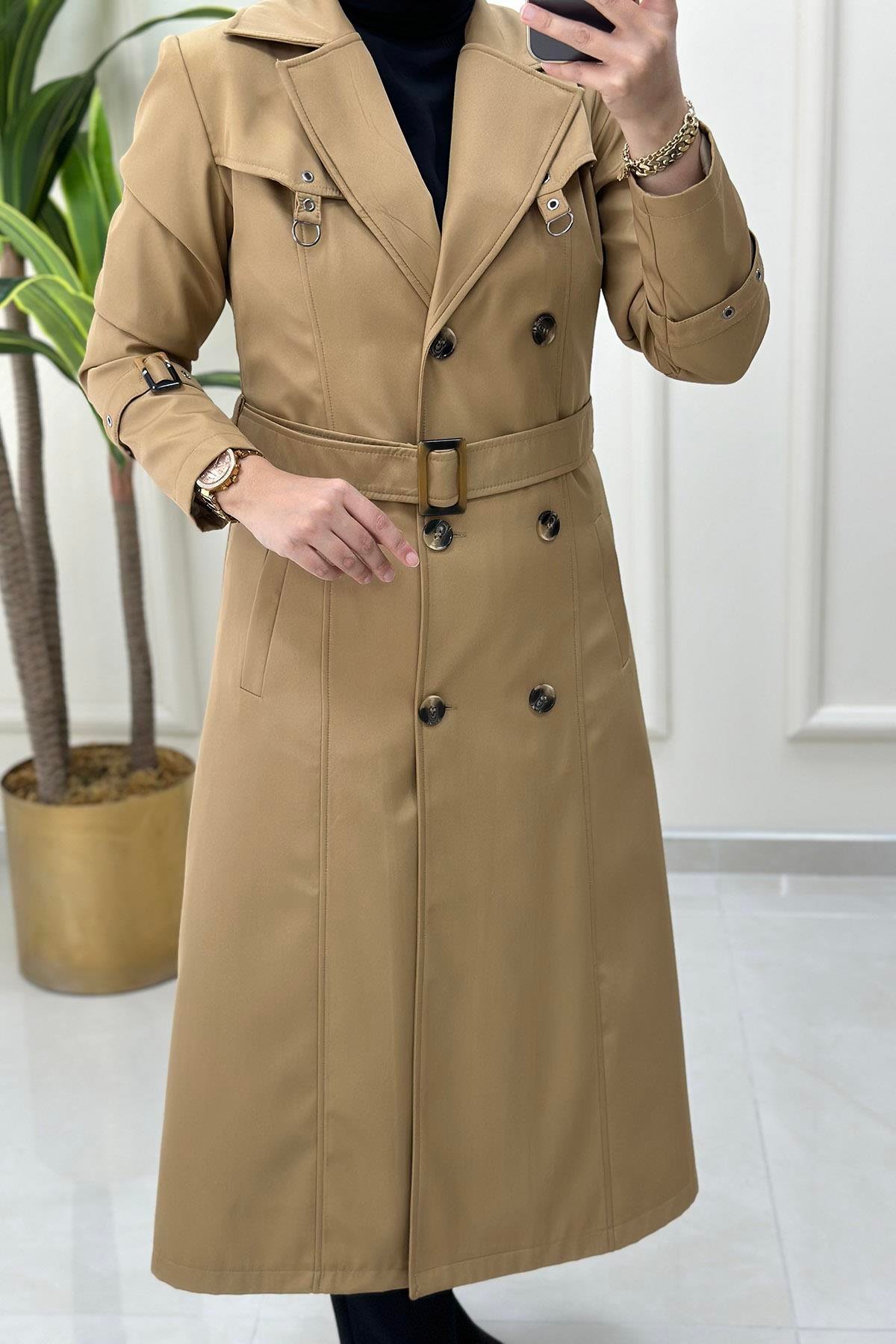 TrenchKruvaze Yaka Beli Kemerli Kadın Trench Kap Camel CNR 1708
