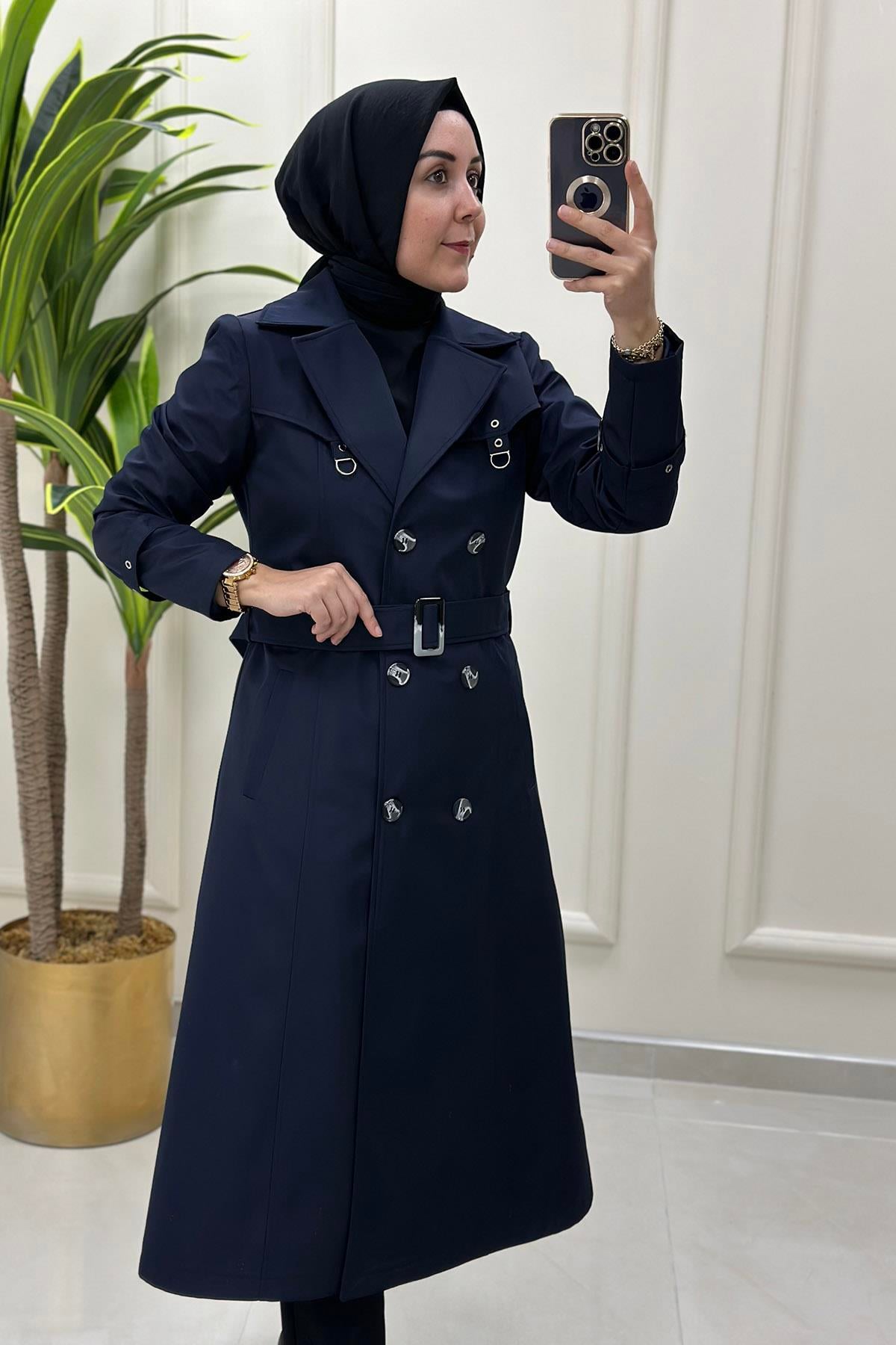 TrenchKruvaze Yaka Beli Kemerli Kadın Trench Kap Lacivert CNR 1708