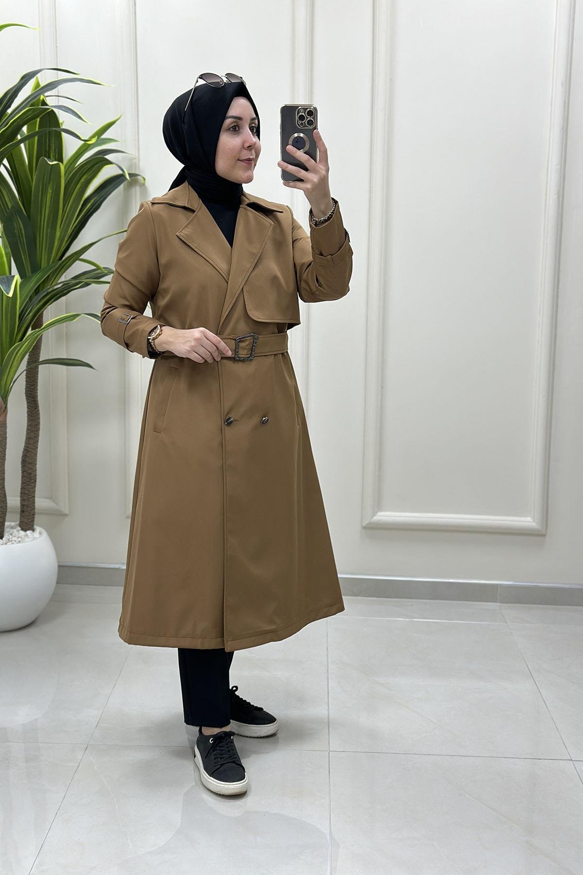 TrenchKruvaze Yaka Düğmeli Beli Kemerli Kadın Trench Kap Taba CNR 2280