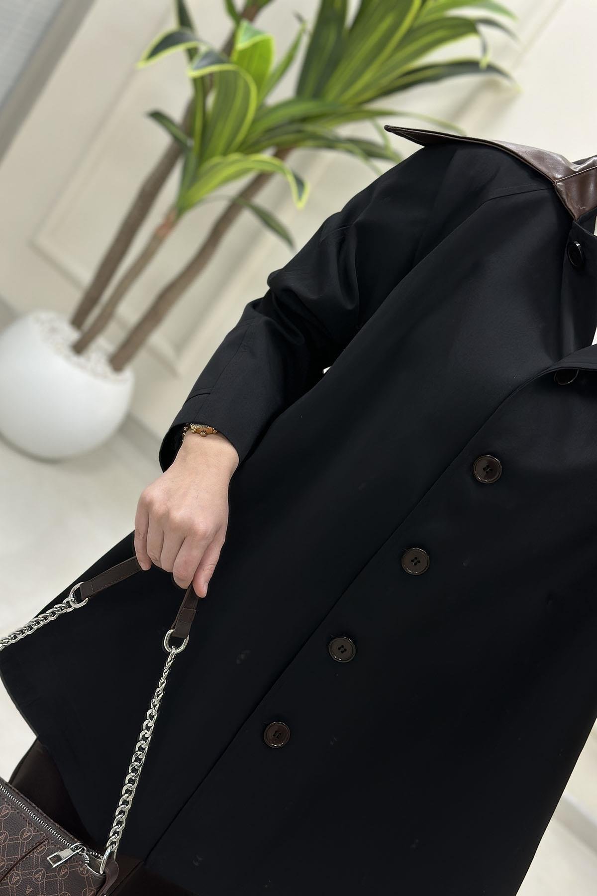 TrenchÖnü Düğmeli Yakası Deri Detaylı Kadın Trench Kap Siyah MSE 2103