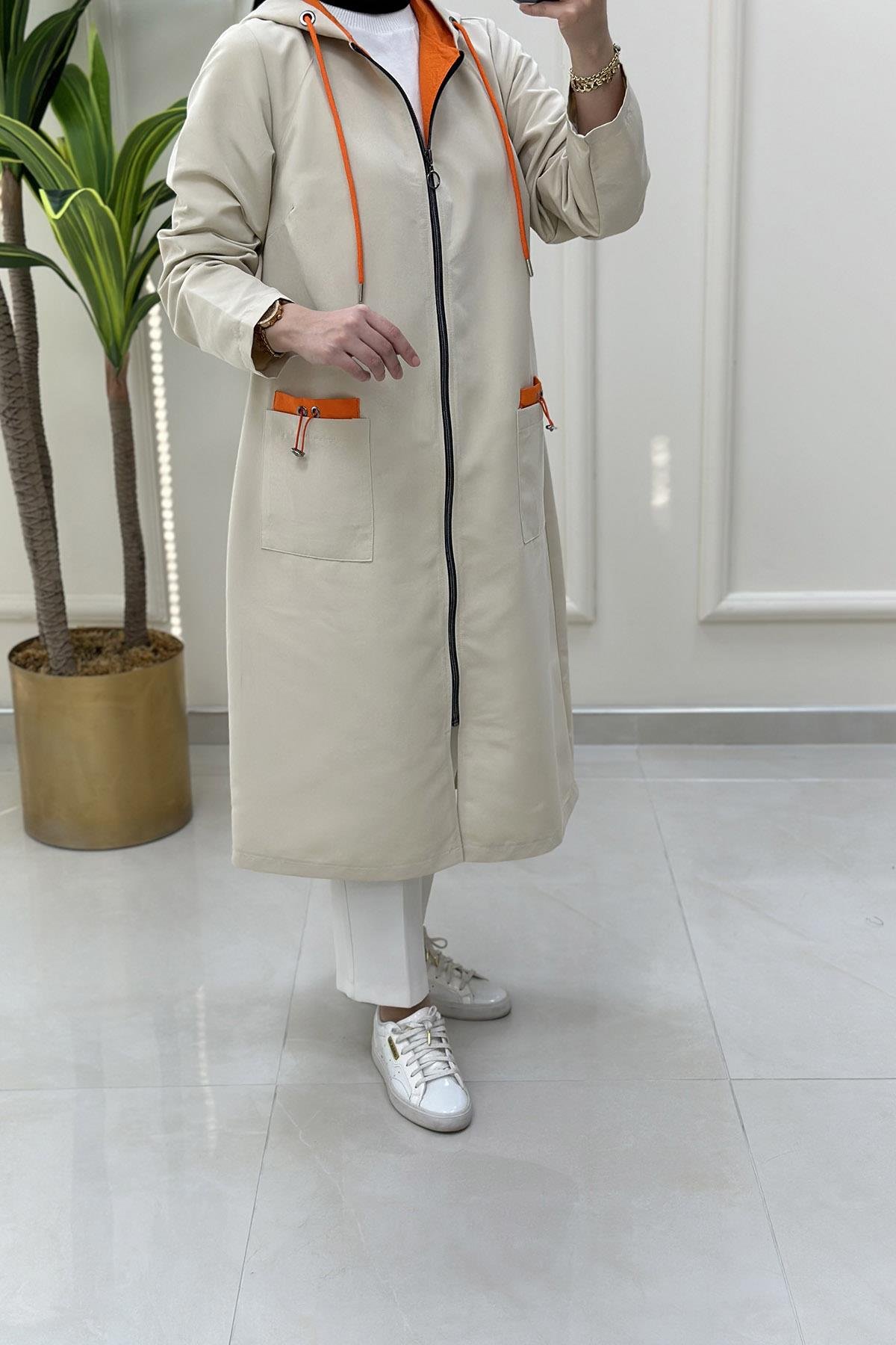 TrenchÖnü Fermuarlı Cepli Spor Kadın Trench Taş KADO 7090