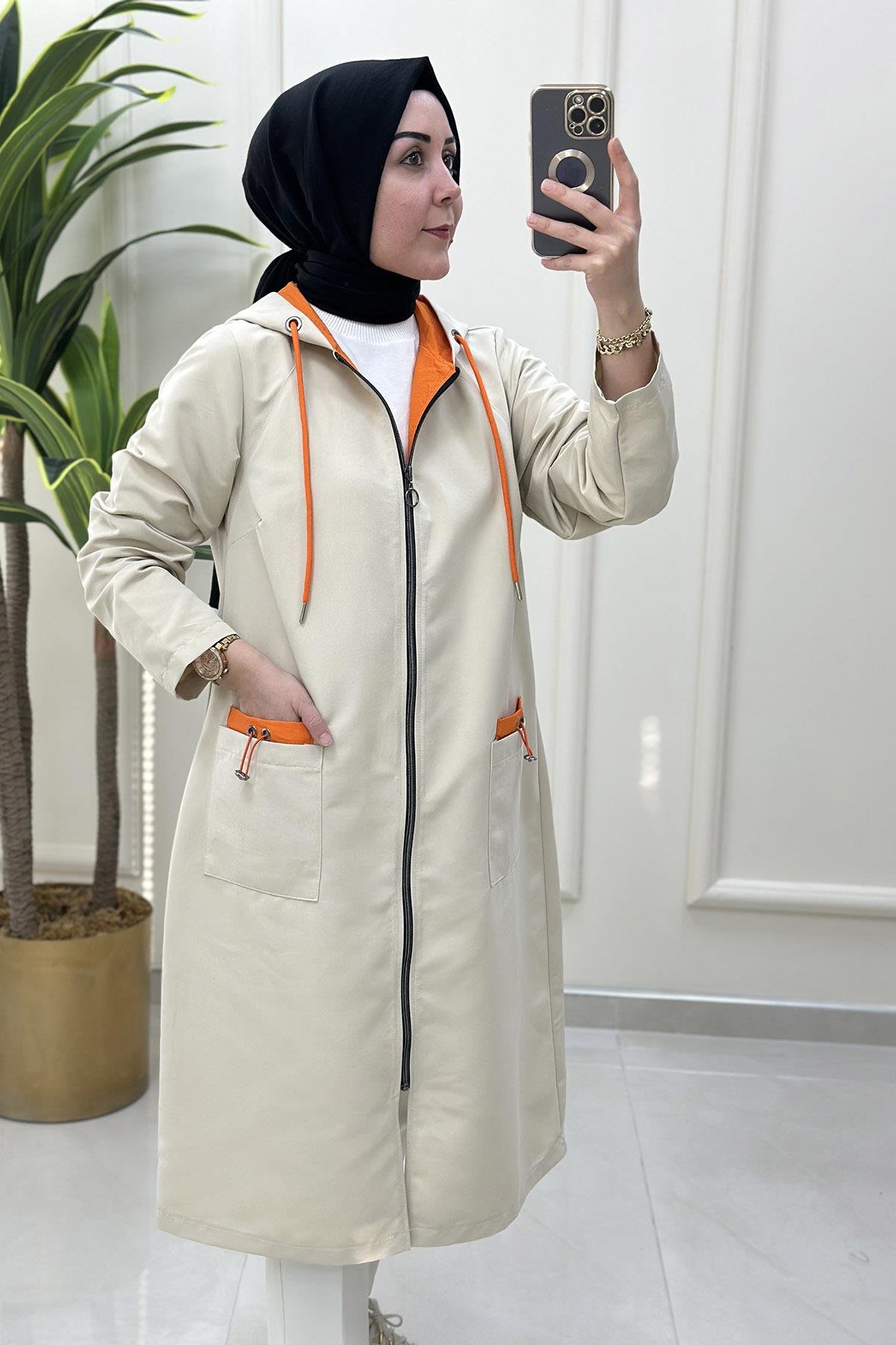 TrenchÖnü Fermuarlı Cepli Spor Kadın Trench Taş KADO 7090