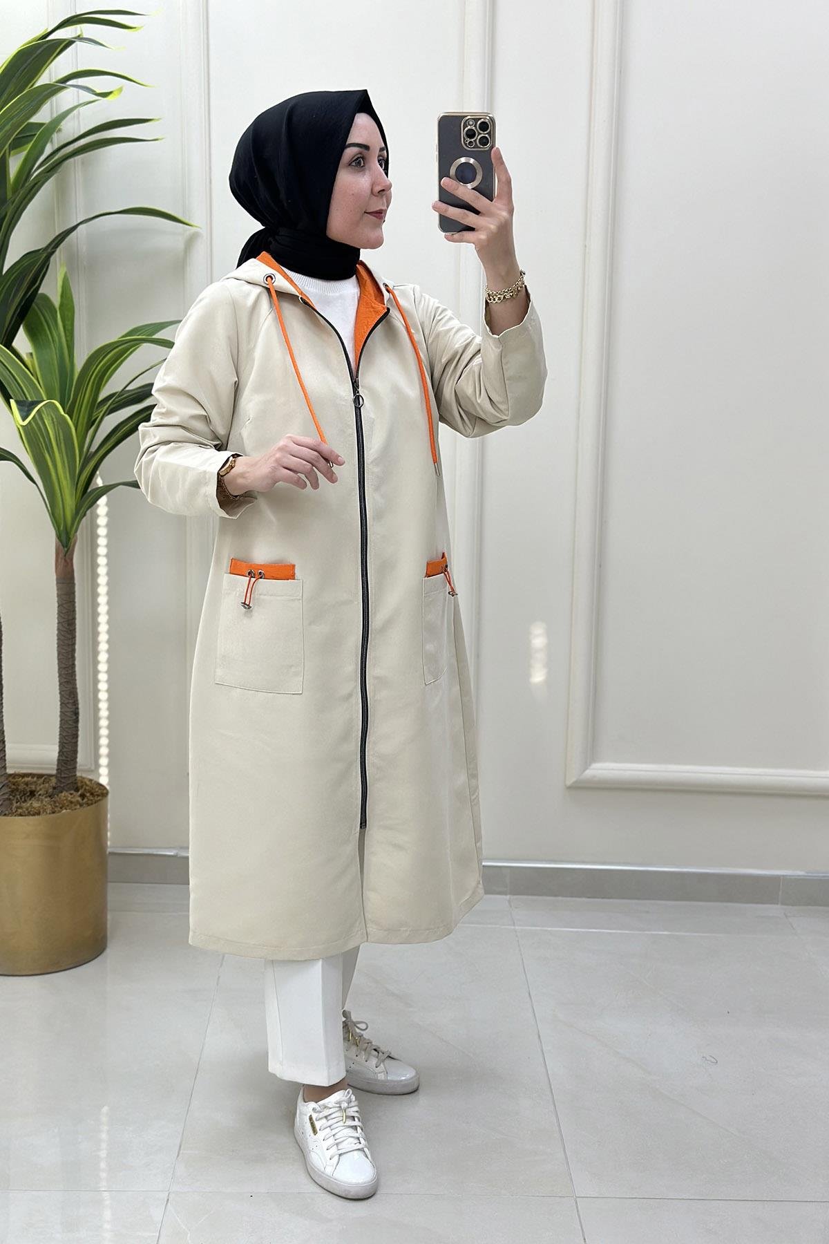 TrenchÖnü Fermuarlı Cepli Spor Kadın Trench Taş KADO 7090