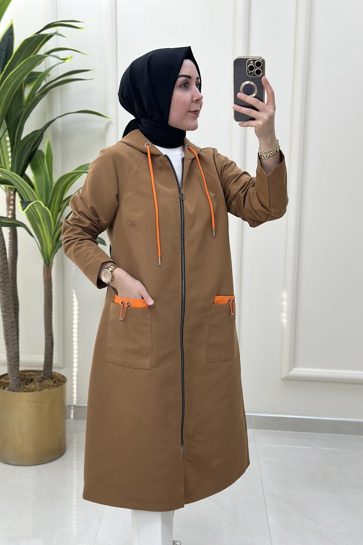 TrenchÖnü Fermuarlı Cepli Spor Kadın Trench Taba KADO 7090