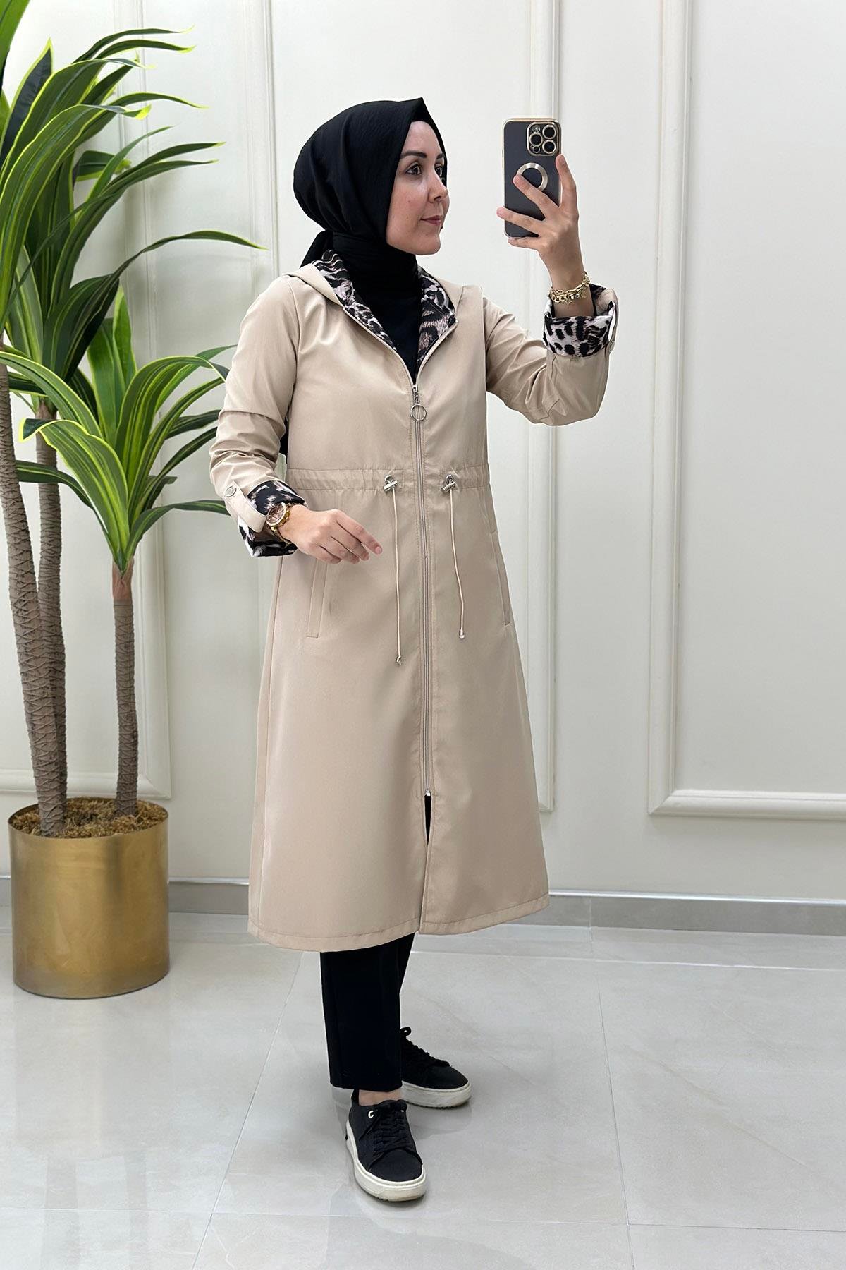 TrenchÖnü Fermuarlı Leopar Desen Garnili Kadın Trenç Bej MSE 20055