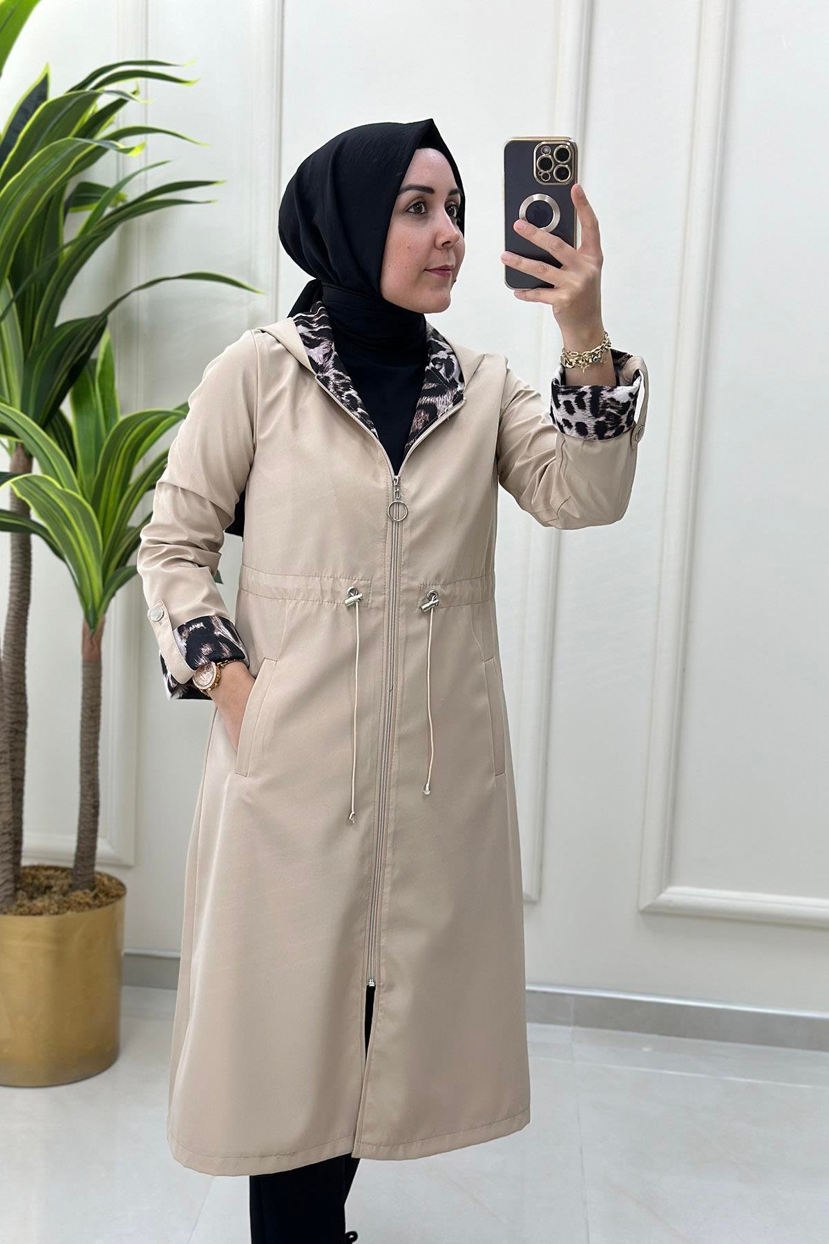 TrenchÖnü Fermuarlı Leopar Desen Garnili Kadın Trenç Bej MSE 20055