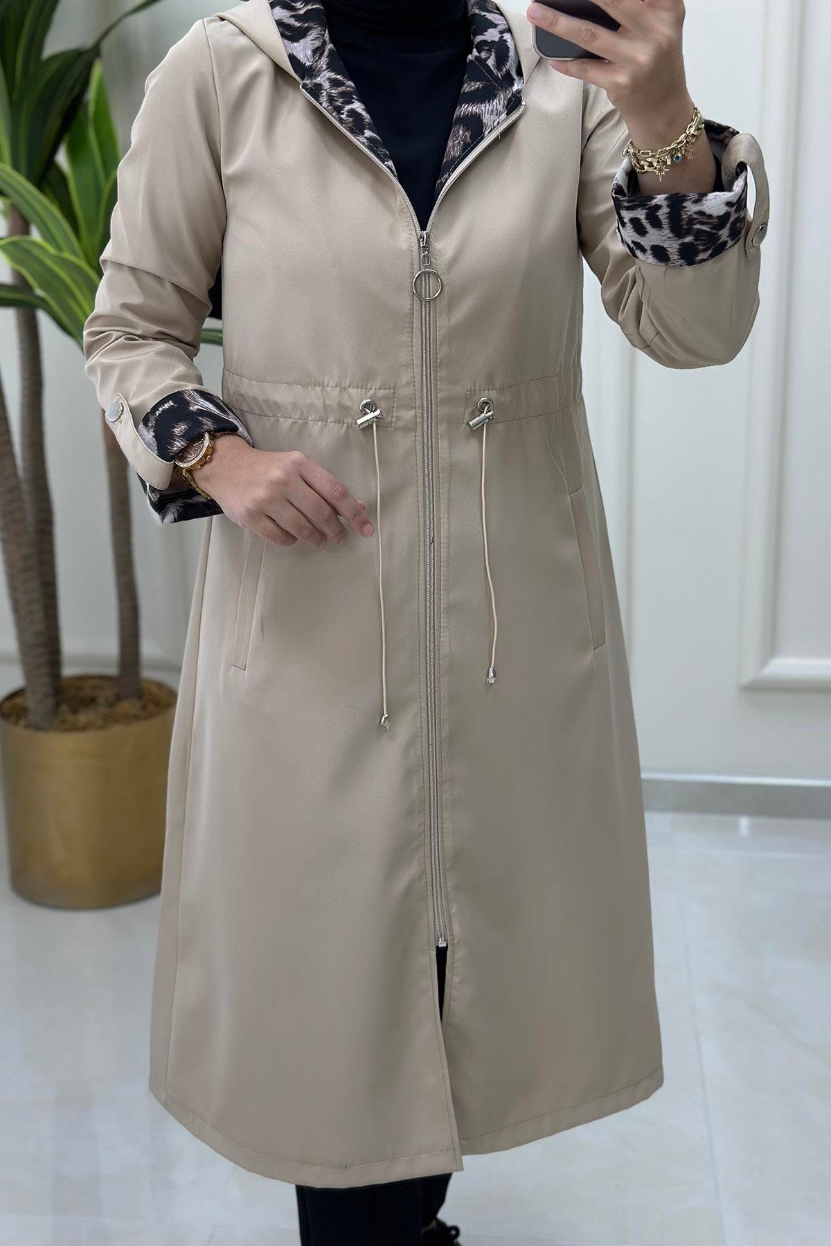 TrenchÖnü Fermuarlı Leopar Desen Garnili Kadın Trenç Bej MSE 20055