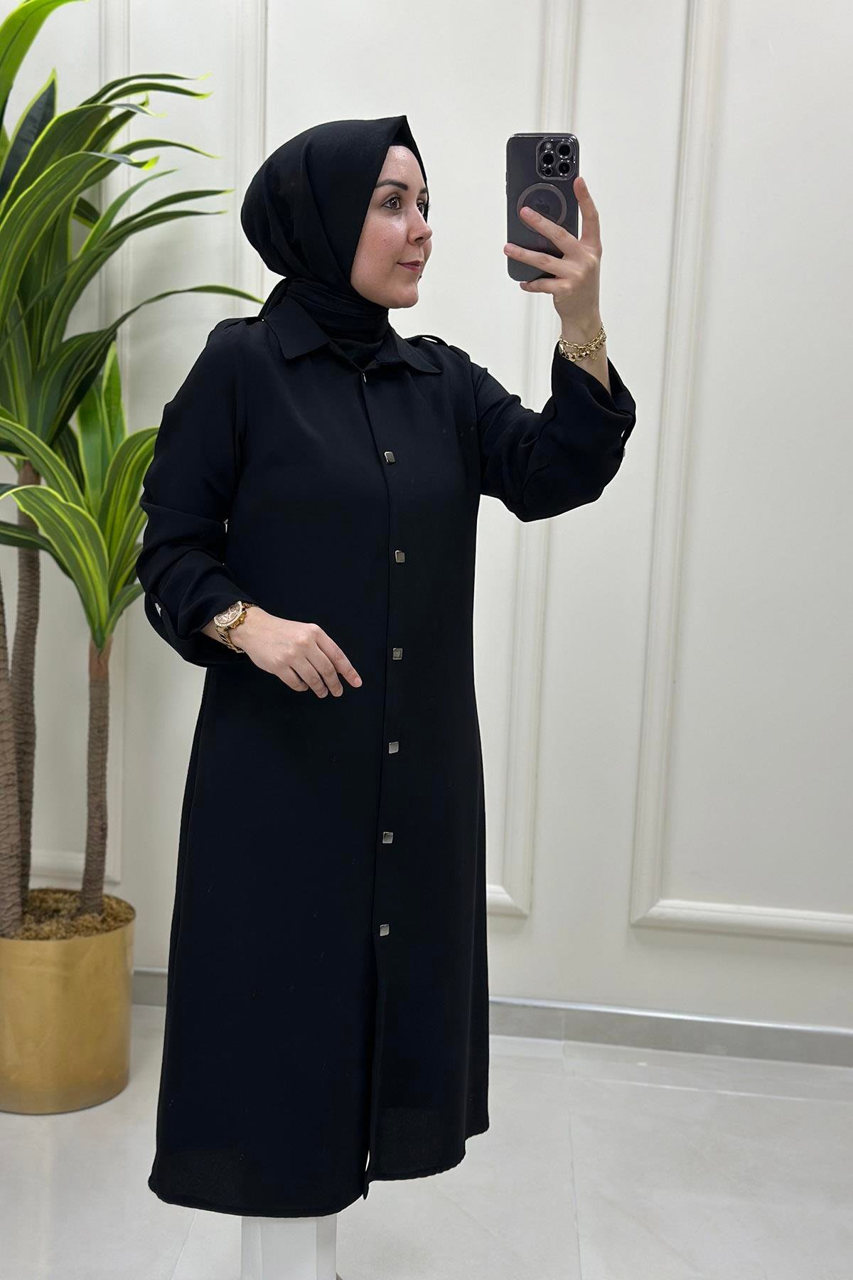 Tunik Önü Çıtçıtlı Katlama Kol Detaylı Kadın Tunik Siyah FM 2426