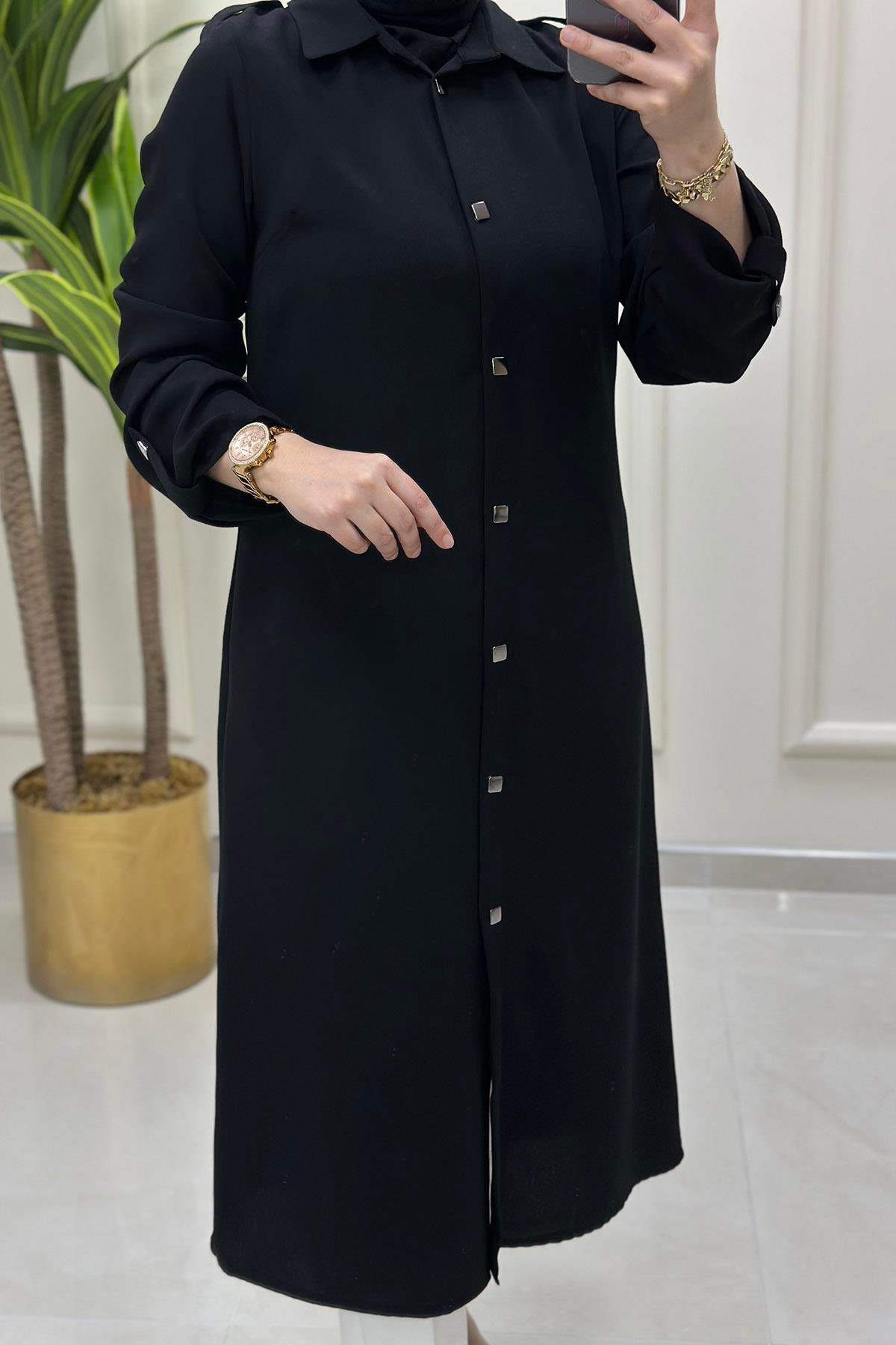 Tunik Önü Çıtçıtlı Katlama Kol Detaylı Kadın Tunik Siyah FM 2426
