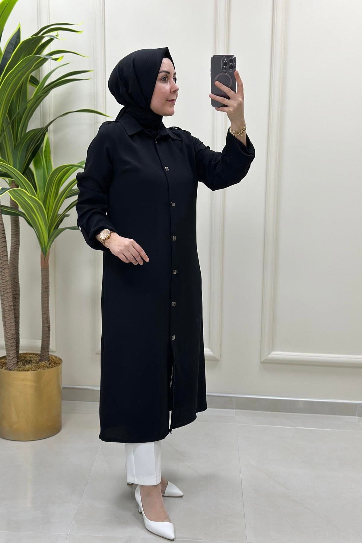 Tunik Önü Çıtçıtlı Katlama Kol Detaylı Kadın Tunik Siyah FM 2426