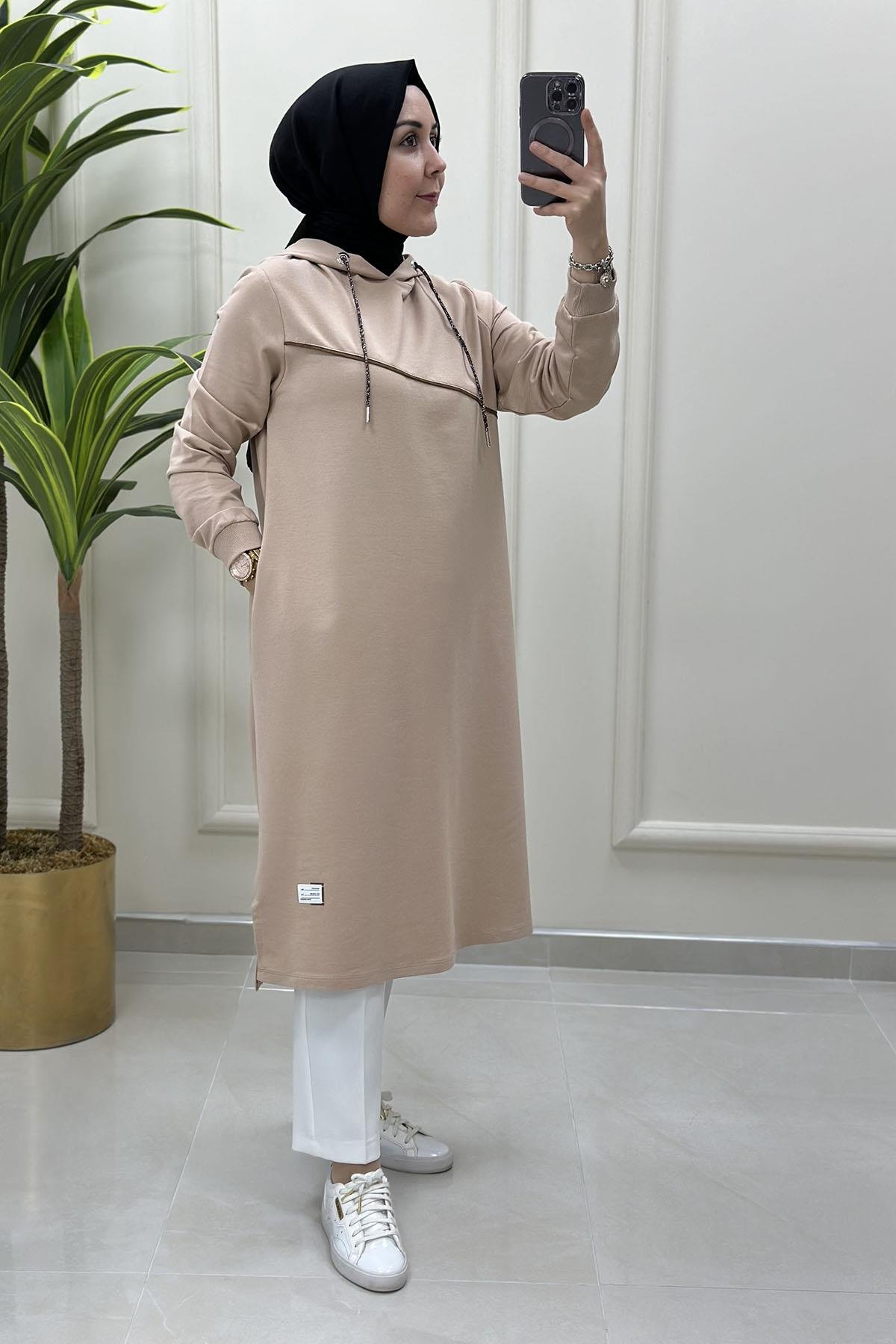 TunikKapüşonlu Önü Şerit Detaylı Kadın Tunik Bej KADO 7581