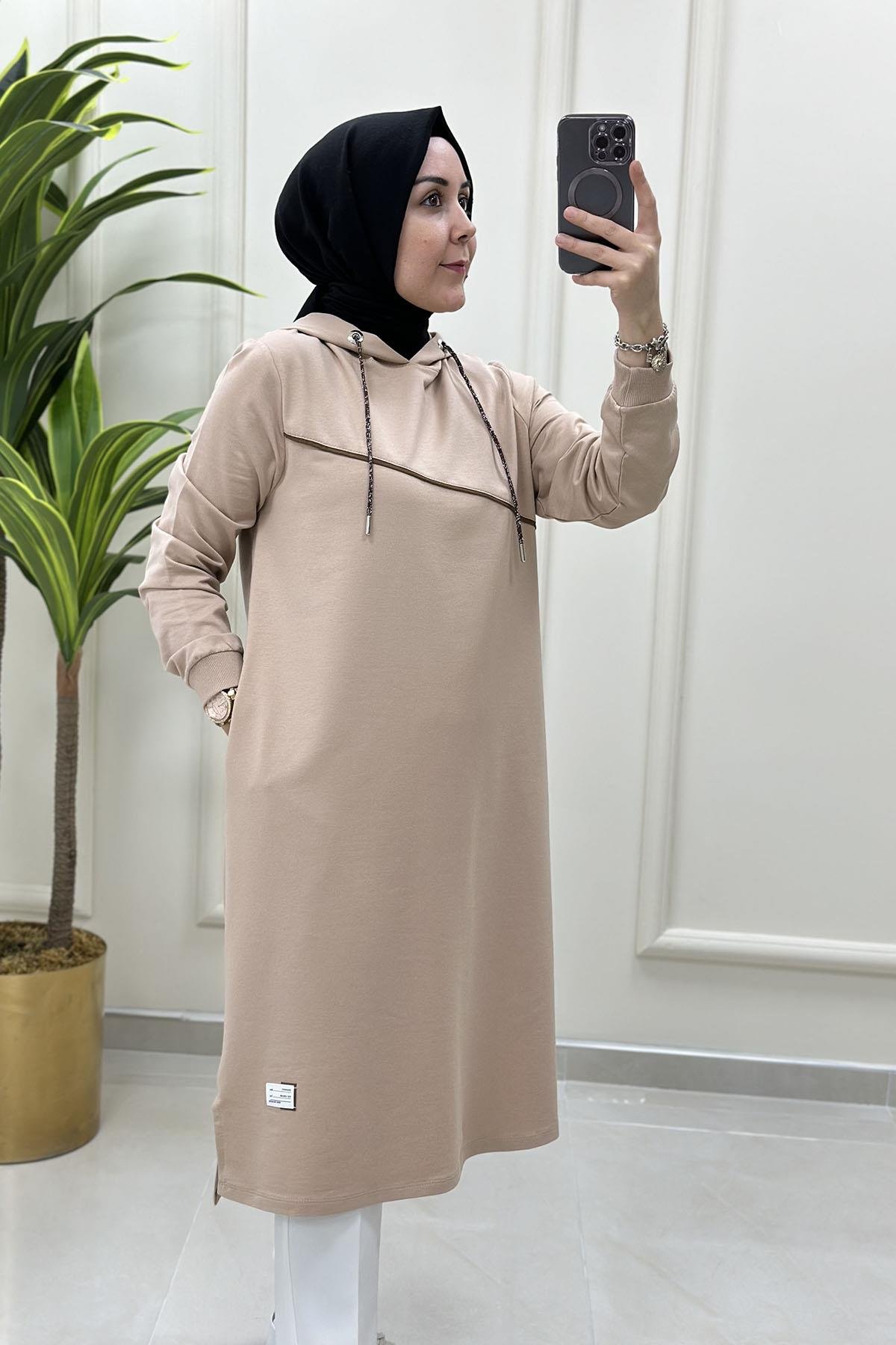 TunikKapüşonlu Önü Şerit Detaylı Kadın Tunik Bej KADO 7581