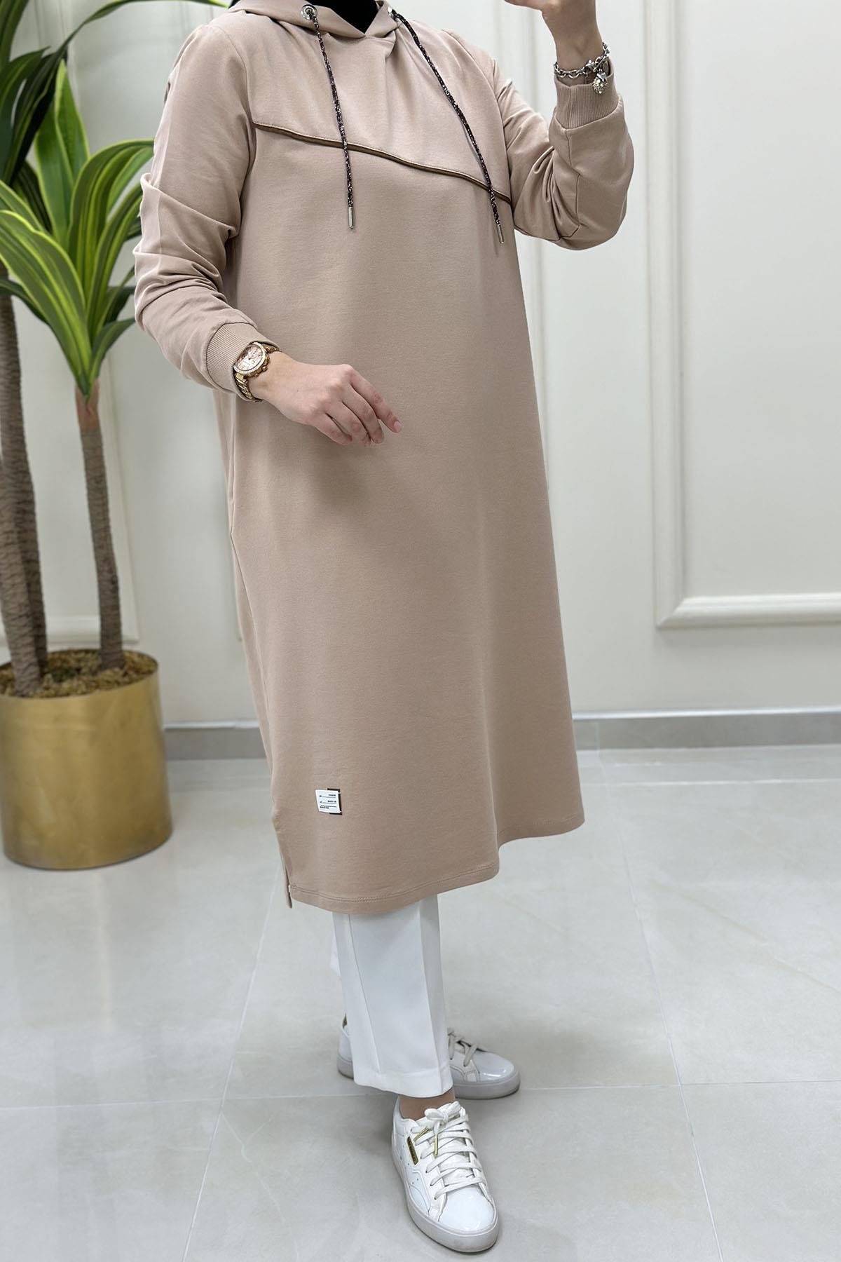TunikKapüşonlu Önü Şerit Detaylı Kadın Tunik Bej KADO 7581