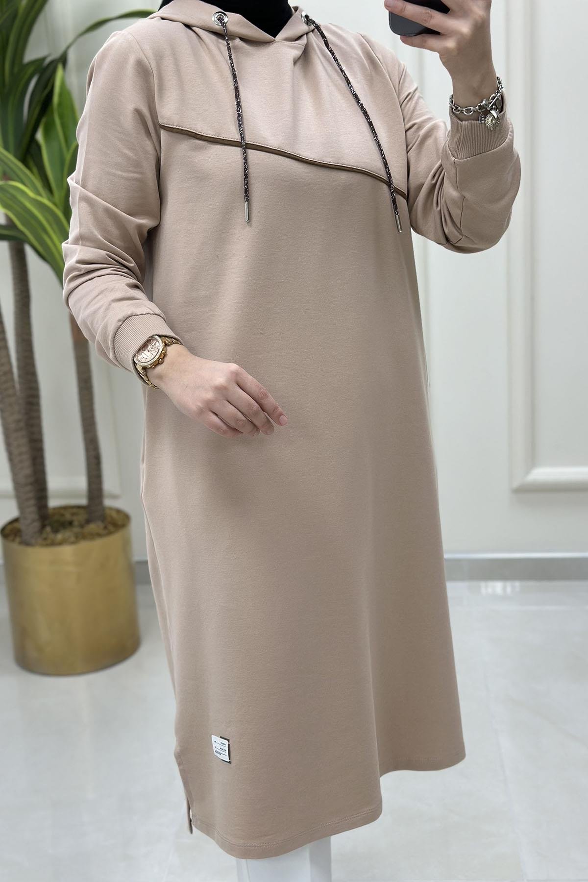 TunikKapüşonlu Önü Şerit Detaylı Kadın Tunik Bej KADO 7581